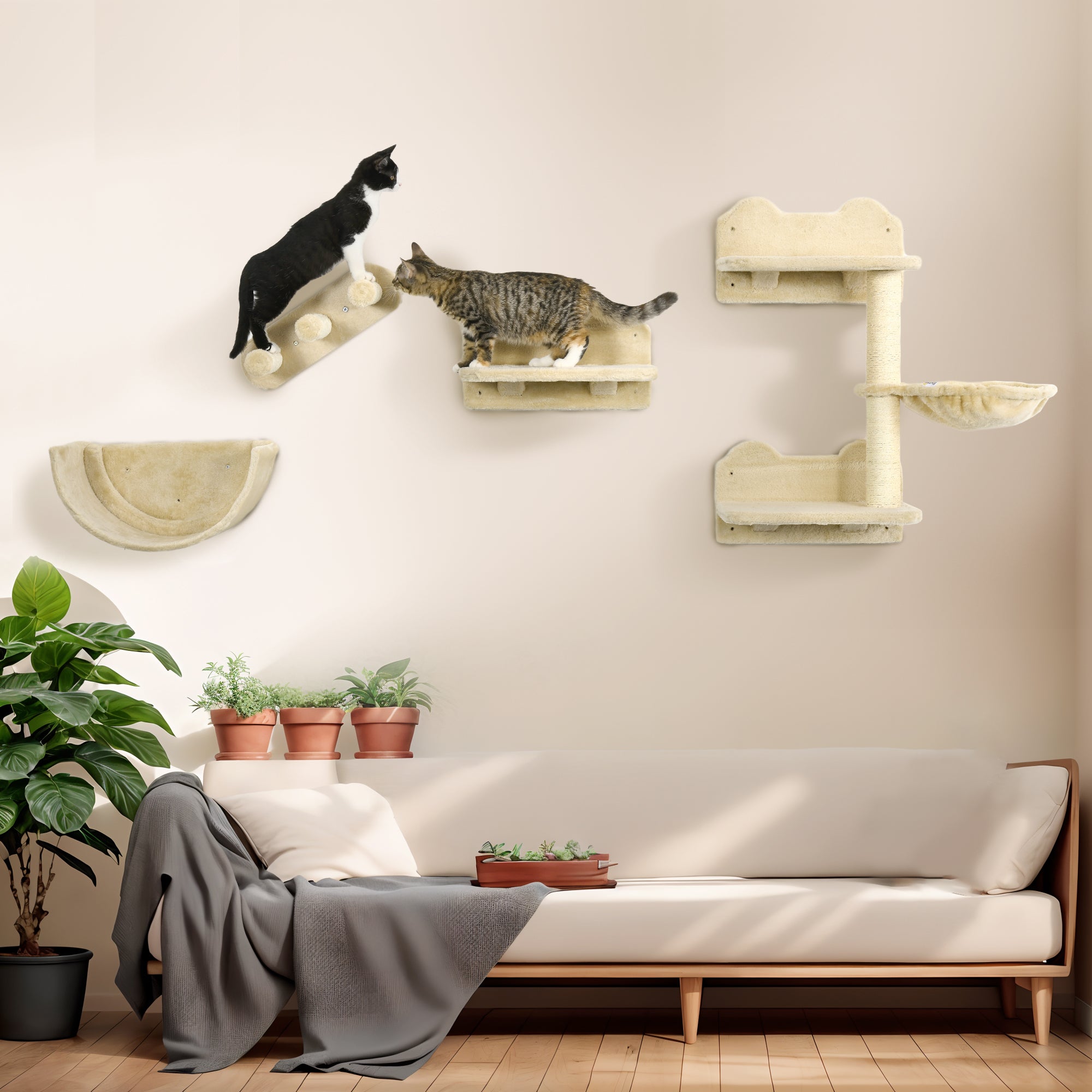 PawHut Cat Wall Shelves, 3PCs Cat Shelves with Hammock, Scratching Post, 3 Steps, Jumping Platforms, Wall Mounted Cat Climber, Beige
