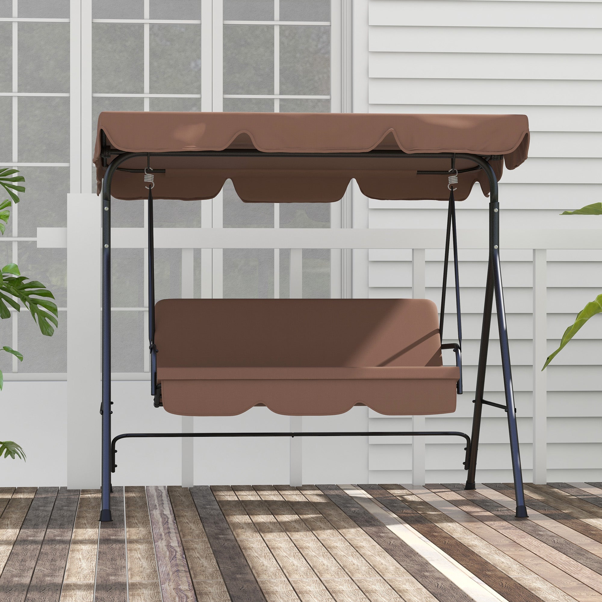 Outsunny 3-Seat Patio Swing Chair, Outdoor Porch Swing Glider with Adjustable Canopy, Removable Cushion, and Weather Resistant Steel Frame, for Garden, Poolside, Brown