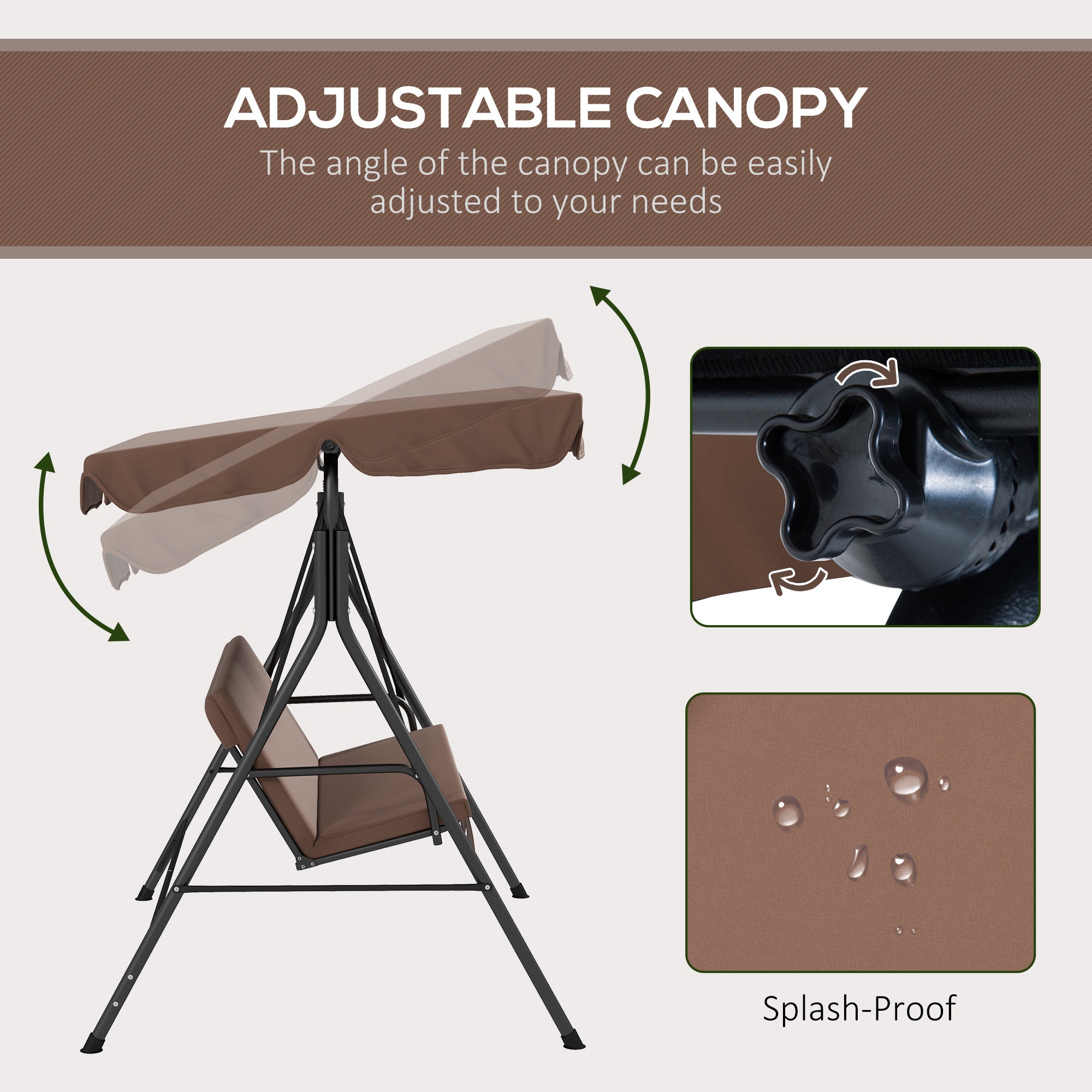 Outsunny 3-Seat Patio Swing Chair, Outdoor Porch Swing Glider with Adjustable Canopy, Removable Cushion, and Weather Resistant Steel Frame, for Garden, Poolside, Brown