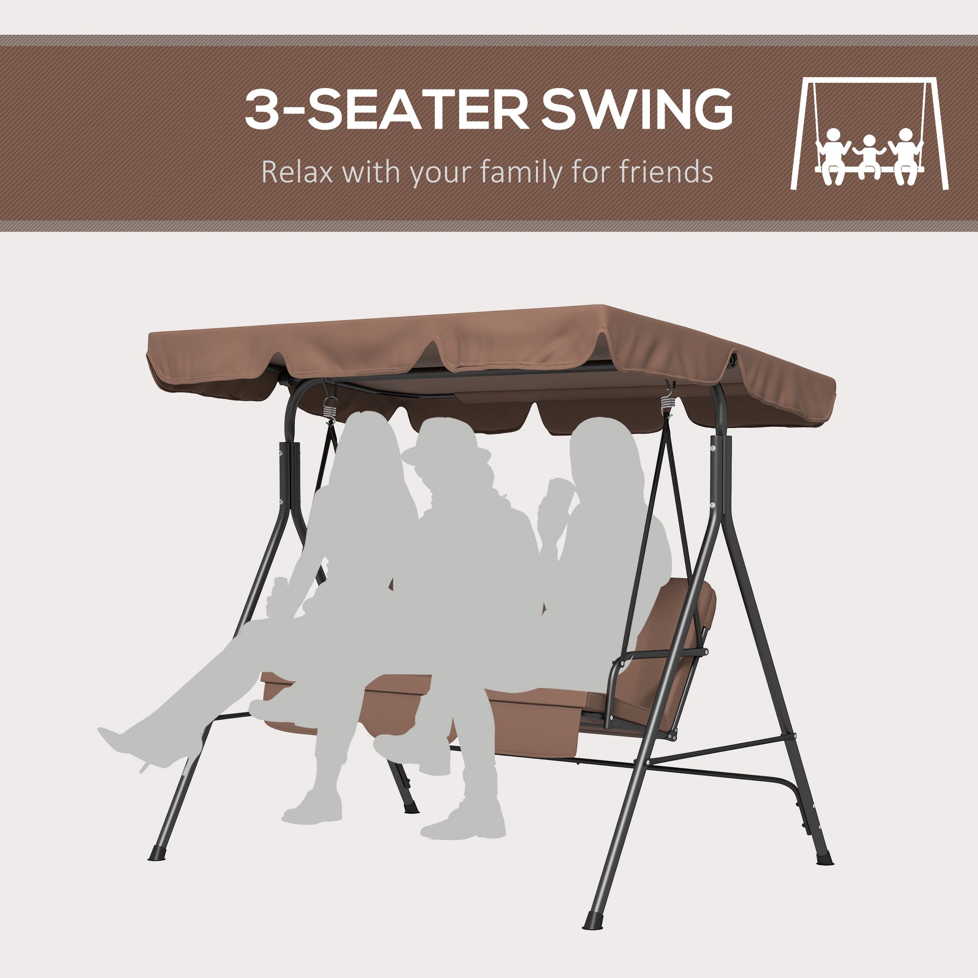 Outsunny 3-Seat Patio Swing Chair, Outdoor Porch Swing Glider with Adjustable Canopy, Removable Cushion, and Weather Resistant Steel Frame, for Garden, Poolside, Brown