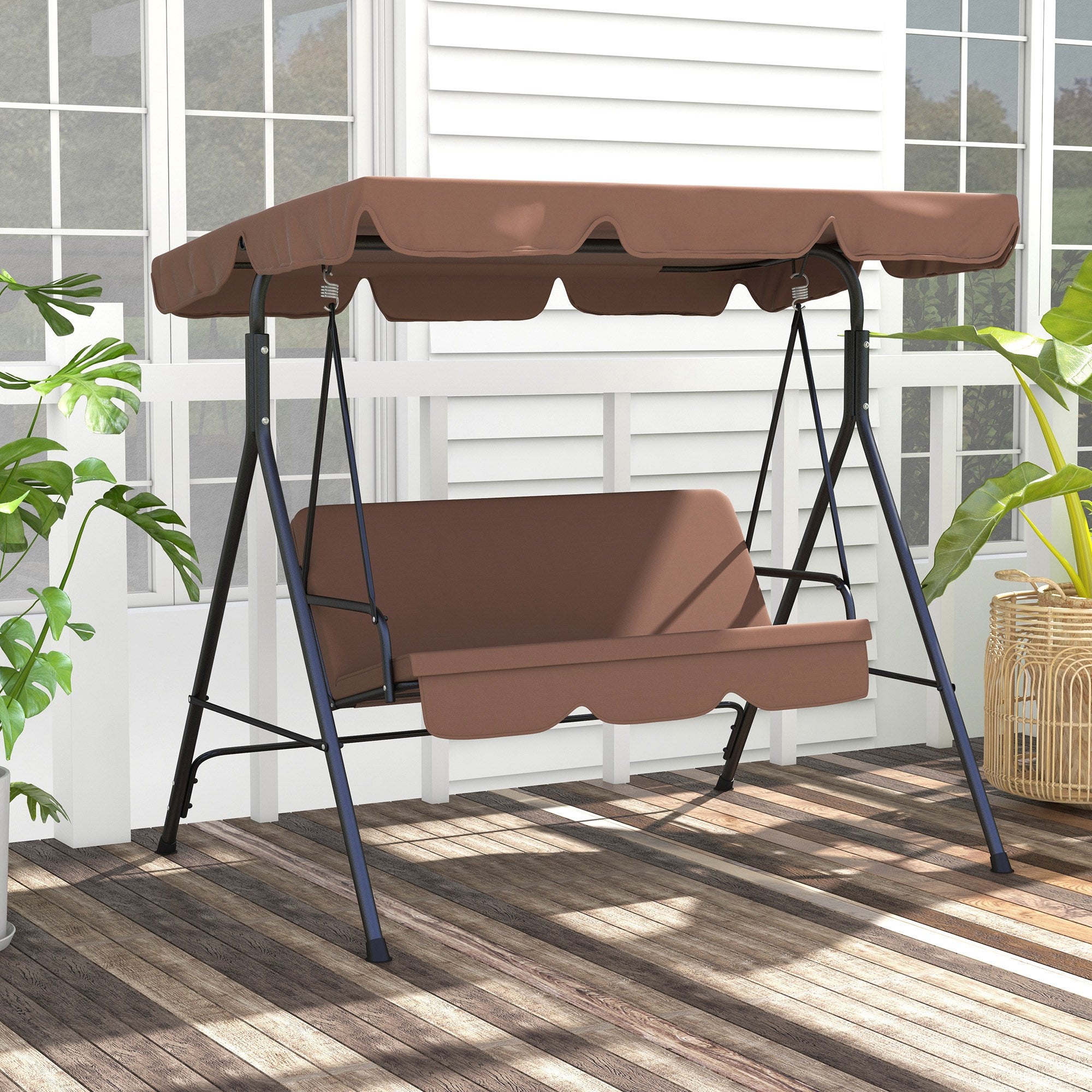 Outsunny 3-Seat Patio Swing Chair, Outdoor Porch Swing Glider with Adjustable Canopy, Removable Cushion, and Weather Resistant Steel Frame, for Garden, Poolside, Brown