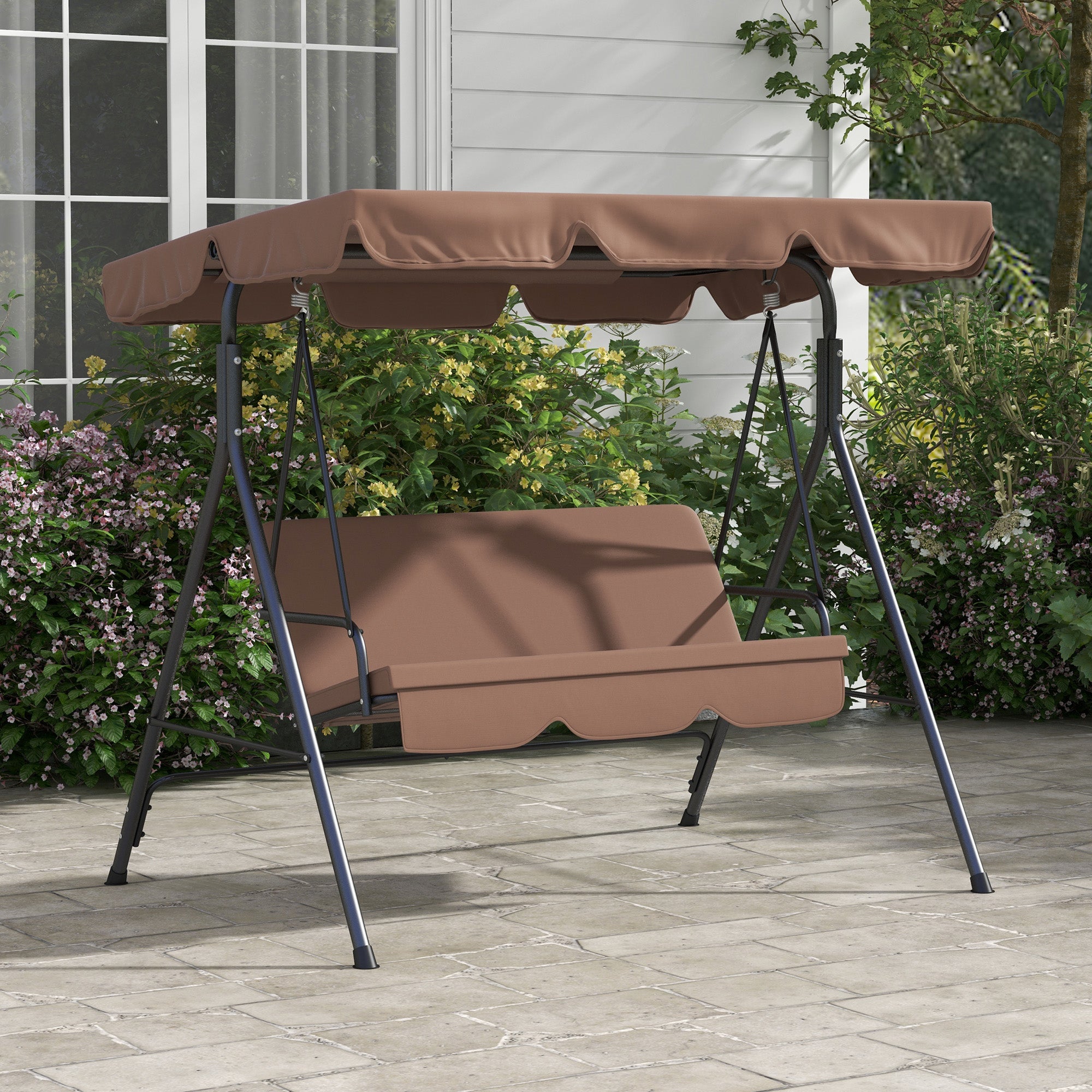 Outsunny 3-Seat Patio Swing Chair, Outdoor Porch Swing Glider with Adjustable Canopy, Removable Cushion, and Weather Resistant Steel Frame, for Garden, Poolside, Brown