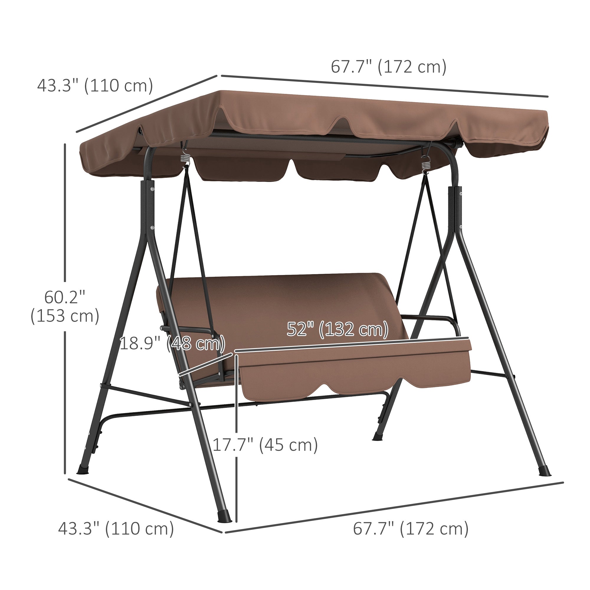 Outsunny 3-Seat Patio Swing Chair, Outdoor Porch Swing Glider with Adjustable Canopy, Removable Cushion, and Weather Resistant Steel Frame, for Garden, Poolside, Brown