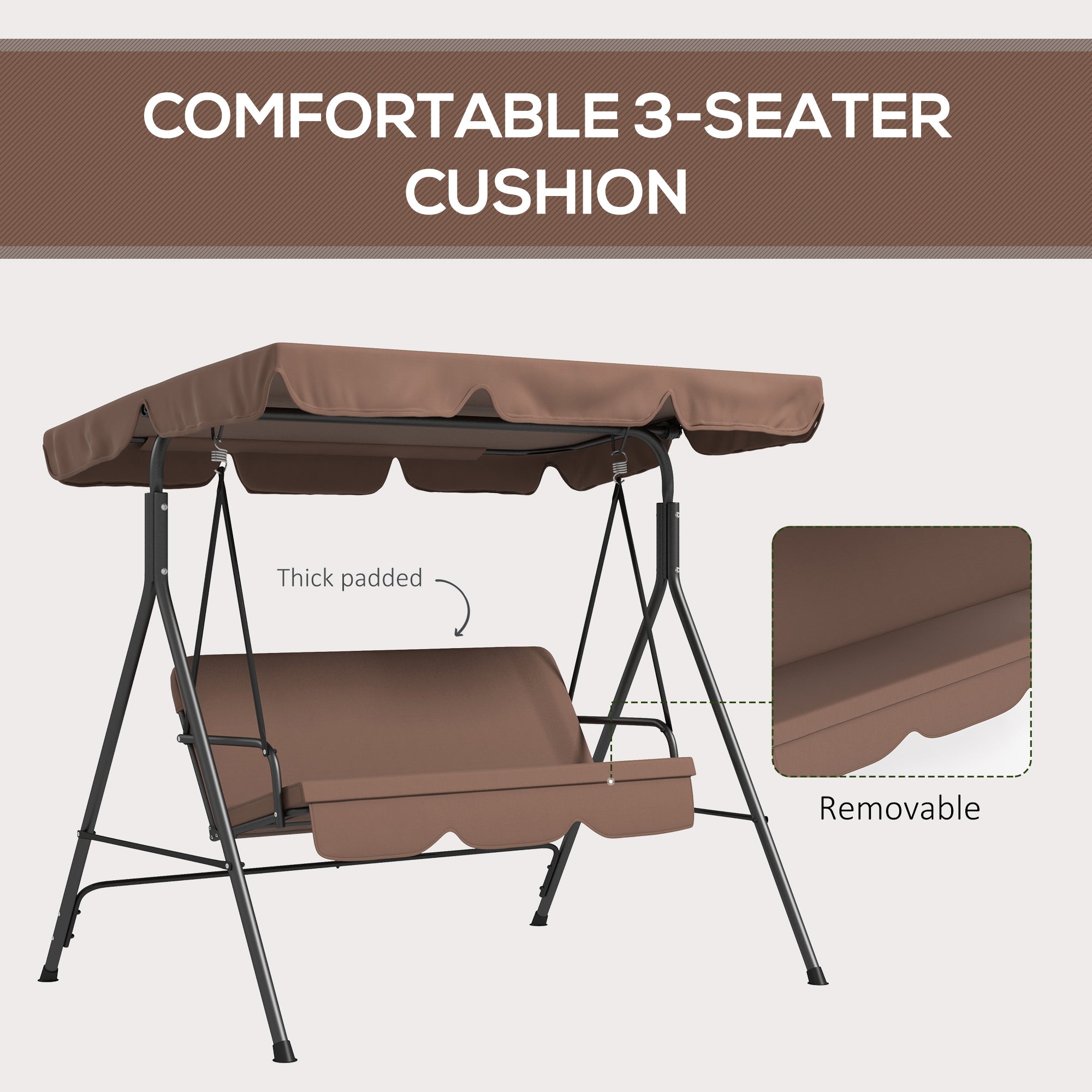 Outsunny 3-Seat Patio Swing Chair, Outdoor Porch Swing Glider with Adjustable Canopy, Removable Cushion, and Weather Resistant Steel Frame, for Garden, Poolside, Brown