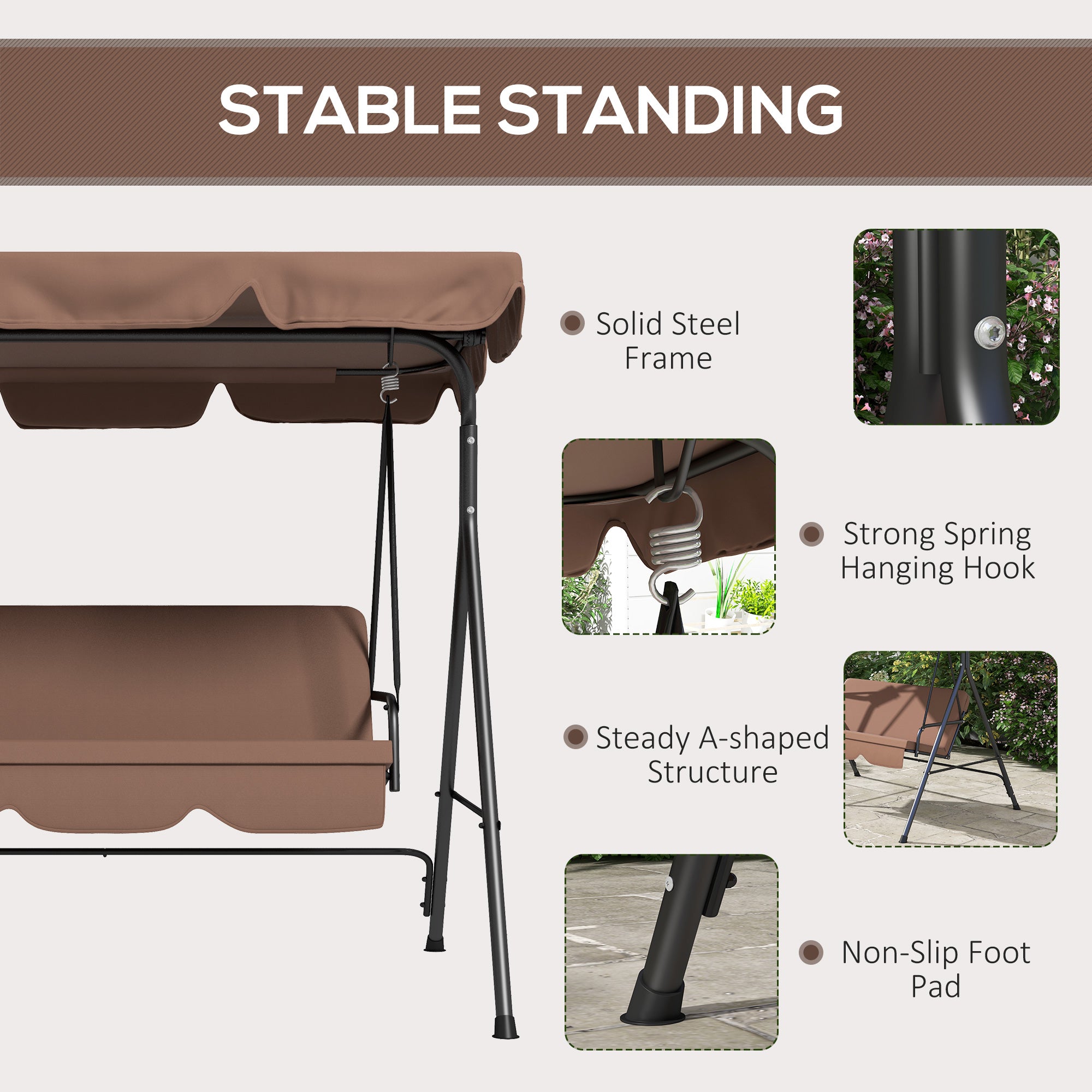 Outsunny 3-Seat Patio Swing Chair, Outdoor Porch Swing Glider with Adjustable Canopy, Removable Cushion, and Weather Resistant Steel Frame, for Garden, Poolside, Brown