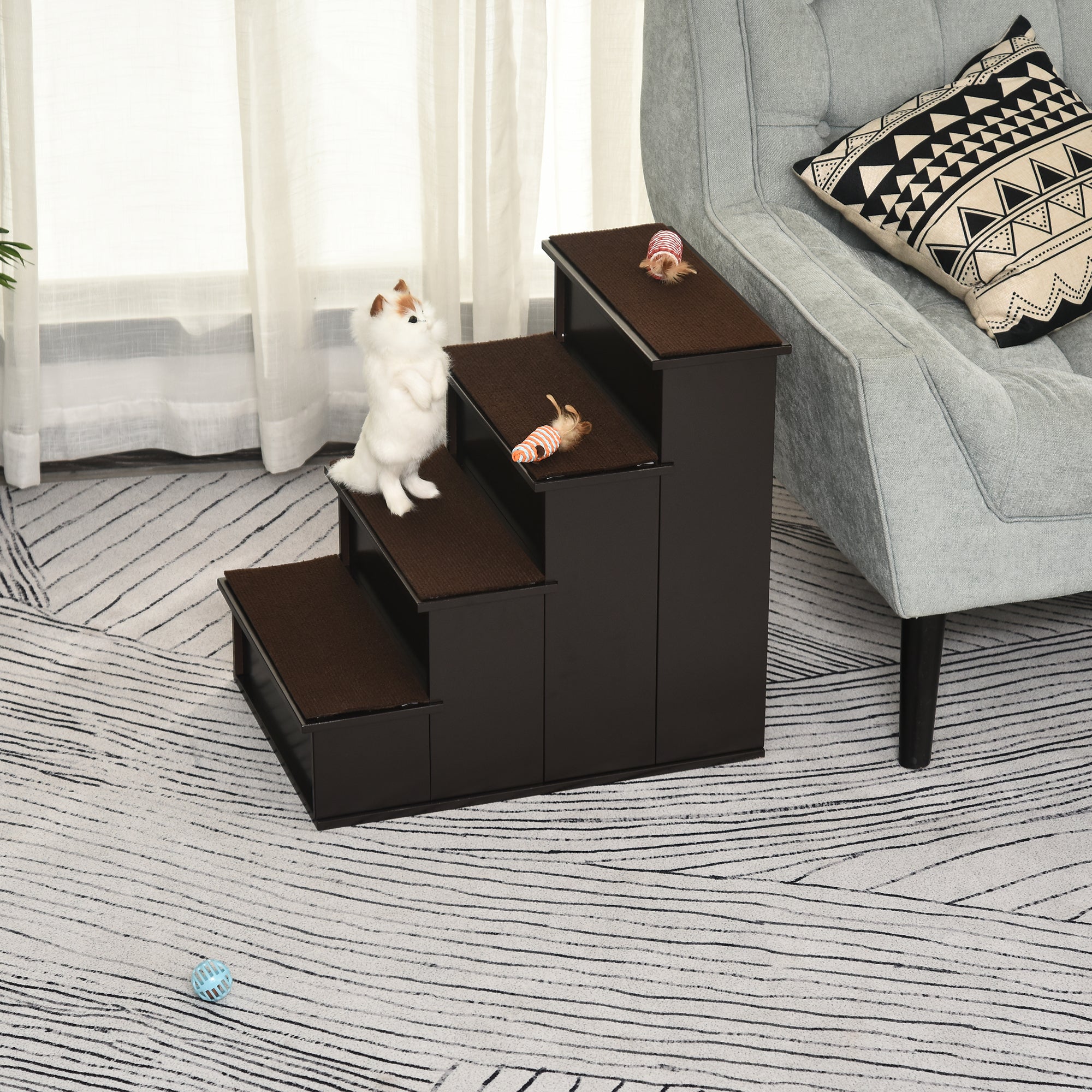 PawHut 4 Levels Wooden Dog Steps Pet Stairs for High Bed, Cat Ladder for Bed Couch with Non-Slip Carpet, Dark Coffee