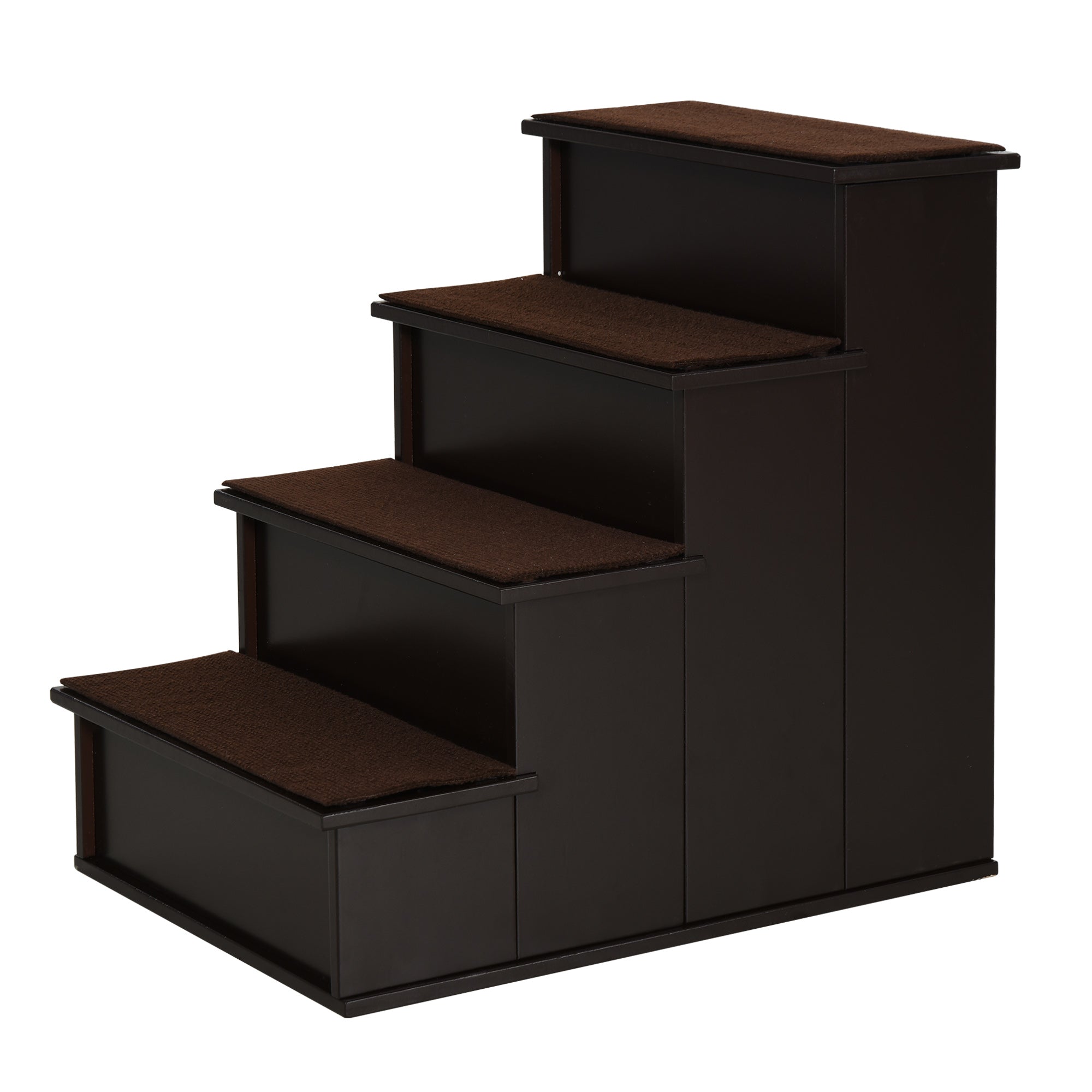 PawHut 4 Levels Wooden Dog Steps Pet Stairs for High Bed, Cat Ladder for Bed Couch with Non-Slip Carpet, Dark Coffee