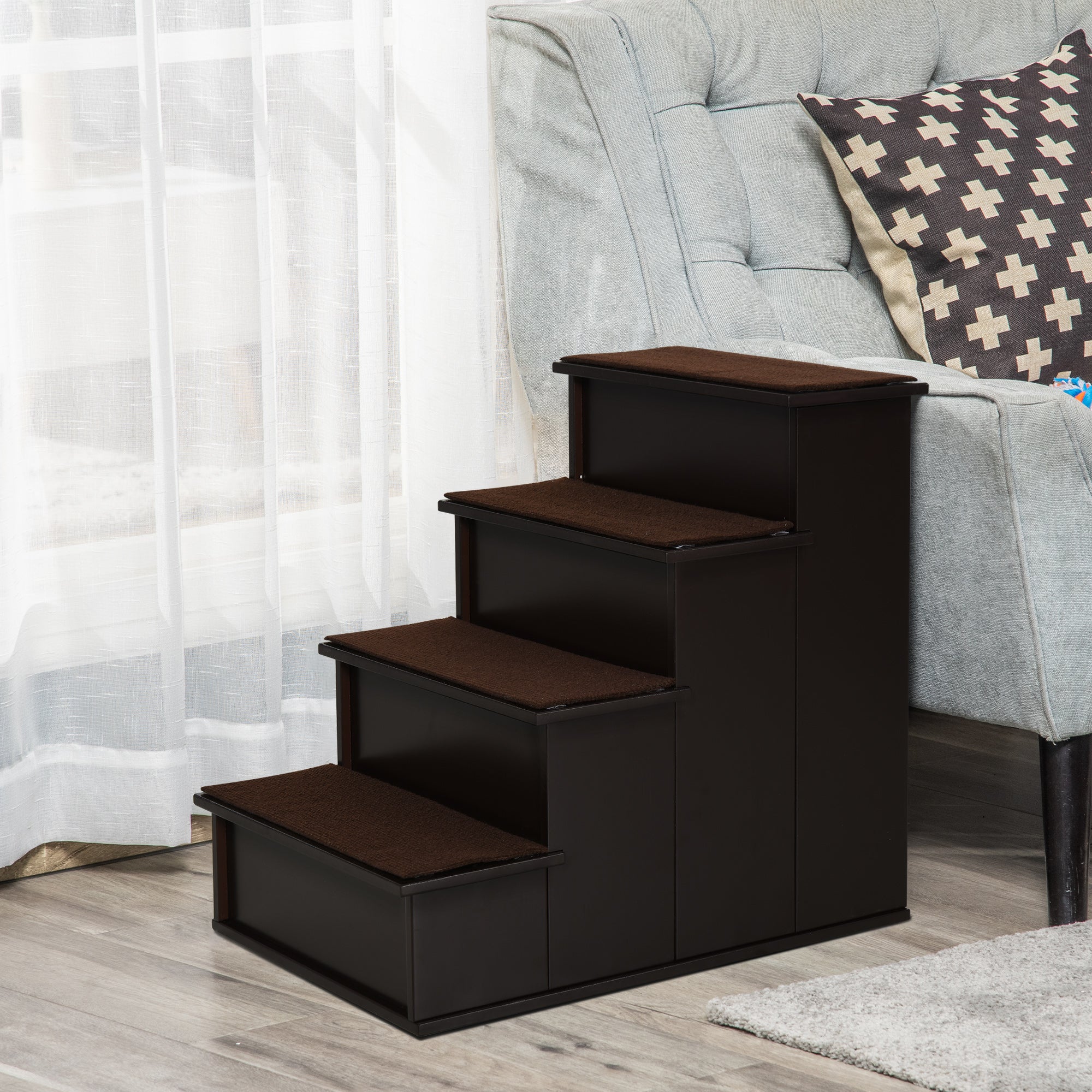 PawHut 4 Levels Wooden Dog Steps Pet Stairs for High Bed, Cat Ladder for Bed Couch with Non-Slip Carpet, Dark Coffee