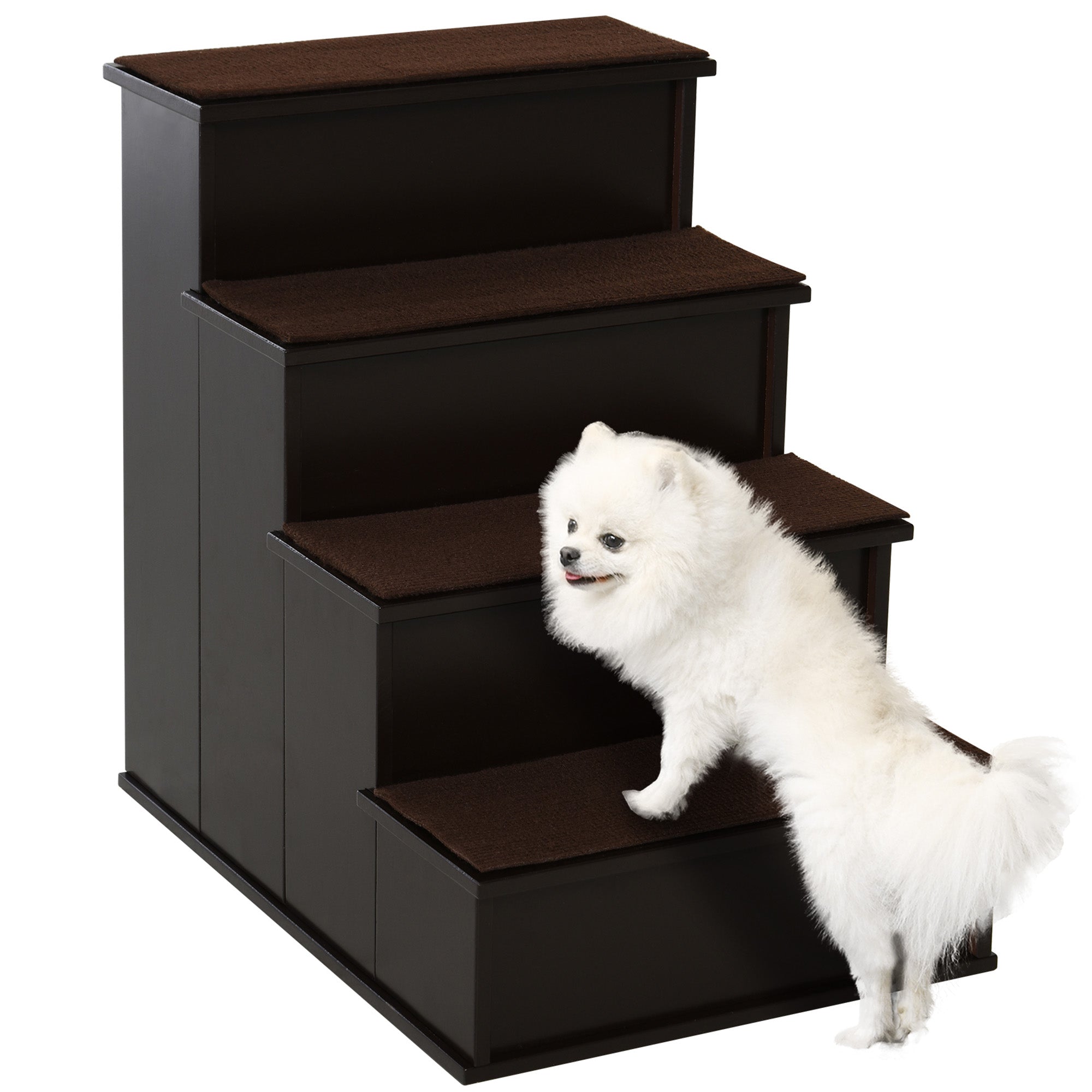 PawHut 4 Levels Wooden Dog Steps Pet Stairs for High Bed, Cat Ladder for Bed Couch with Non-Slip Carpet, Dark Coffee