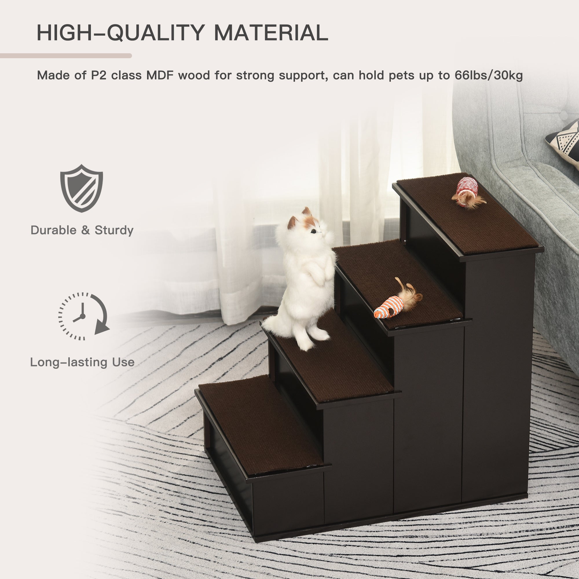 PawHut 4 Levels Wooden Dog Steps Pet Stairs for High Bed, Cat Ladder for Bed Couch with Non-Slip Carpet, Dark Coffee