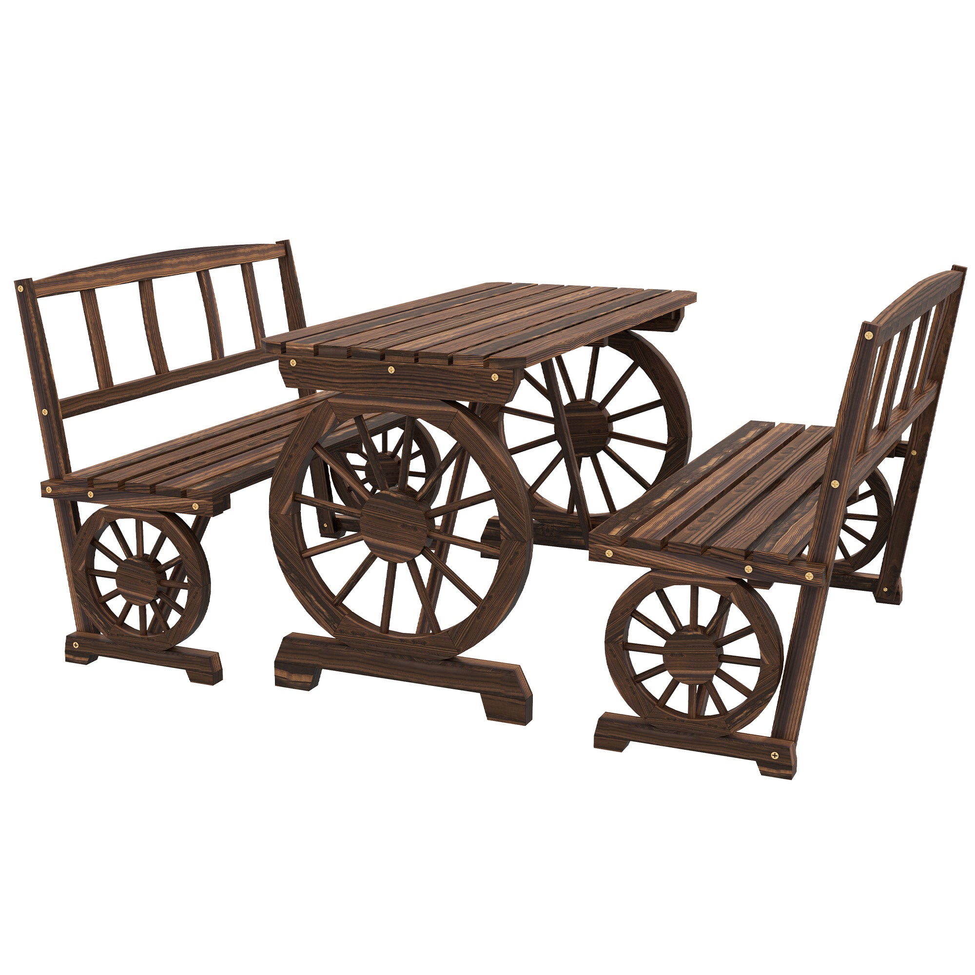 Outsunny Outdoor Dining Set for 4 People, Wooden 3-Piece Carriage Wheels Design Outdoor Table and Chairs Rustic Style for Porch, Backyard, Balcony, Poolside, Carbonized