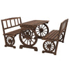Outsunny Outdoor Dining Set for 4 People, Wooden 3-Piece Carriage Wheels Design Outdoor Table and Chairs Rustic Style for Porch, Backyard, Balcony, Poolside, Carbonized