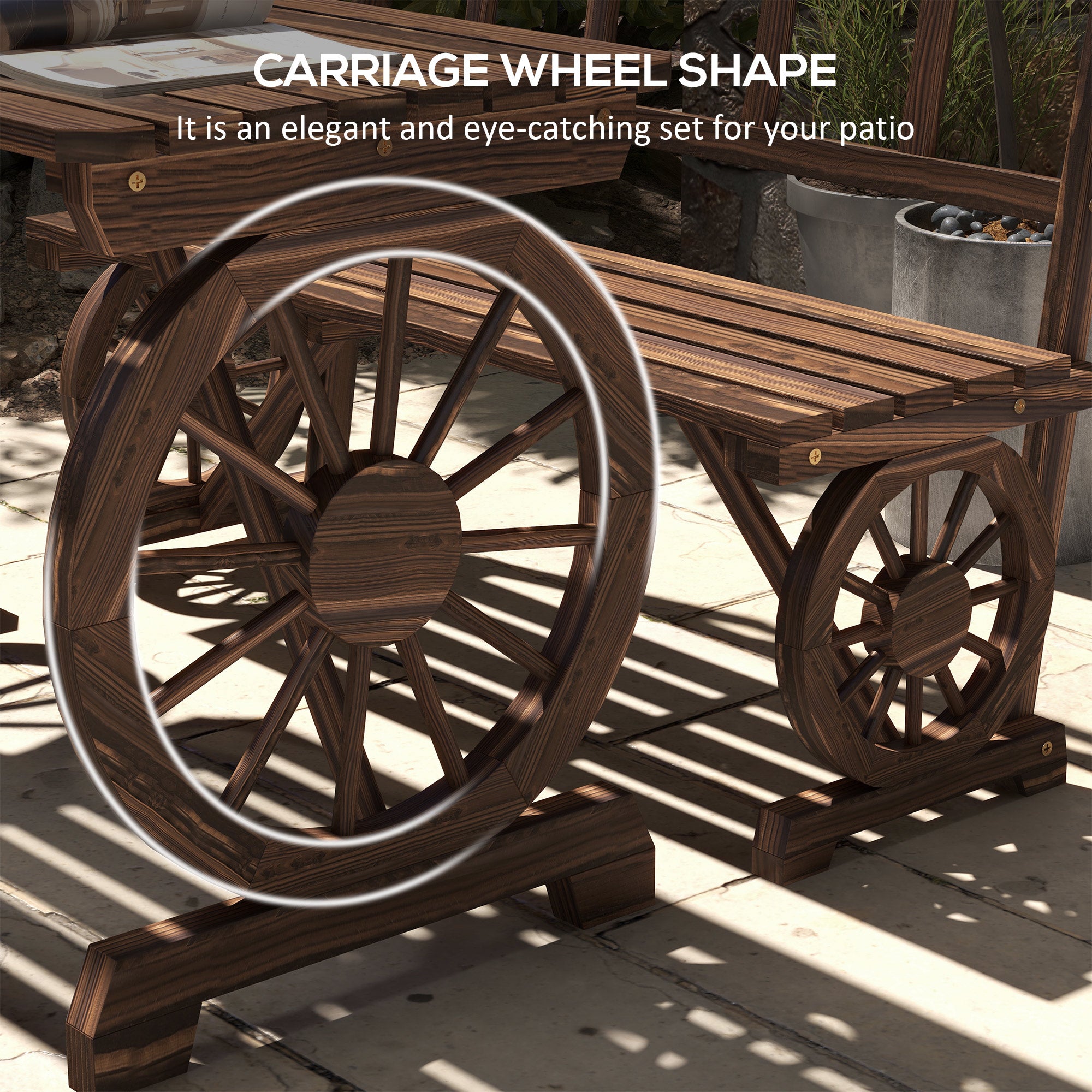 Outsunny Outdoor Dining Set for 4 People, Wooden 3-Piece Carriage Wheels Design Outdoor Table and Chairs Rustic Style for Porch, Backyard, Balcony, Poolside, Carbonized
