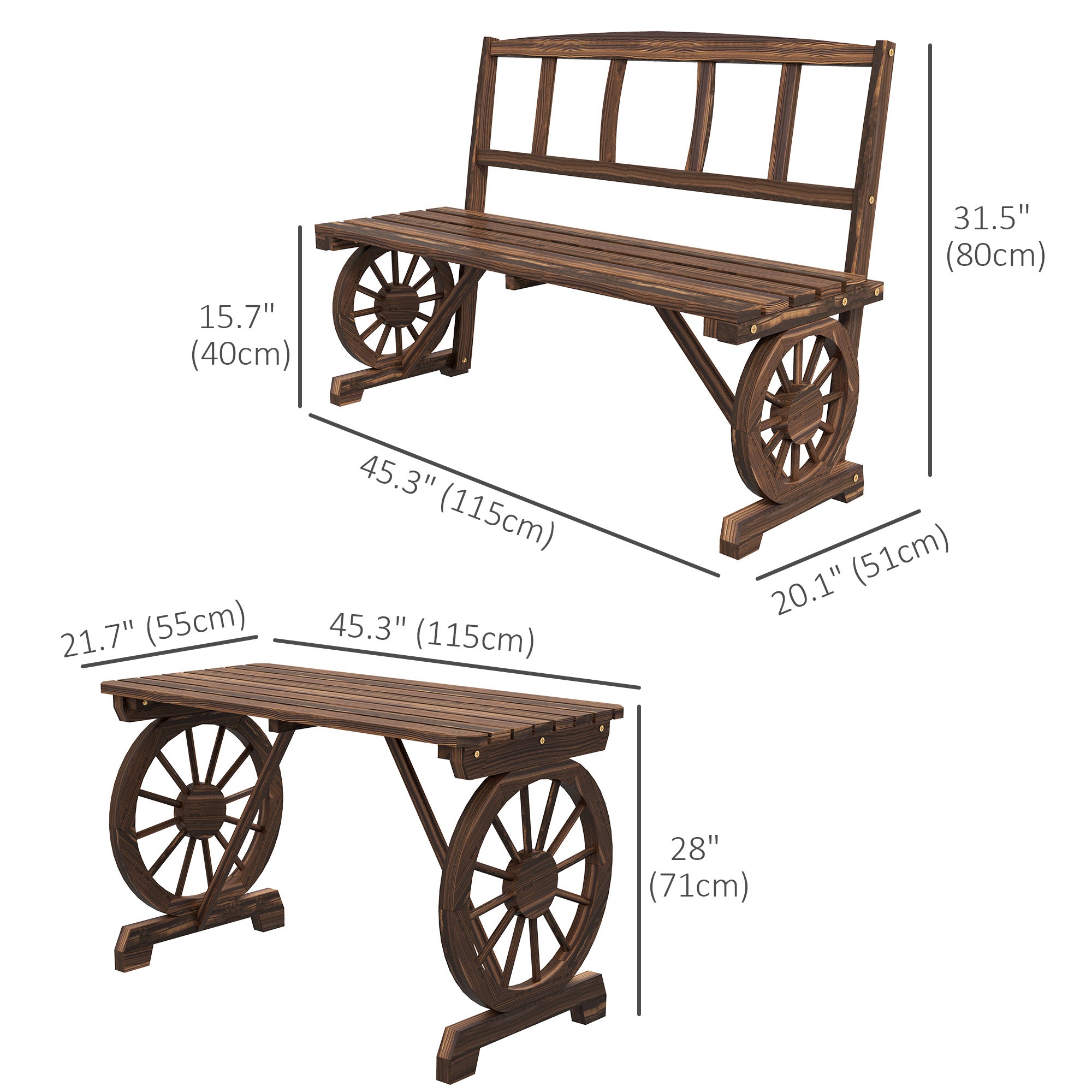 Outsunny Outdoor Dining Set for 4 People, Wooden 3-Piece Carriage Wheels Design Outdoor Table and Chairs Rustic Style for Porch, Backyard, Balcony, Poolside, Carbonized