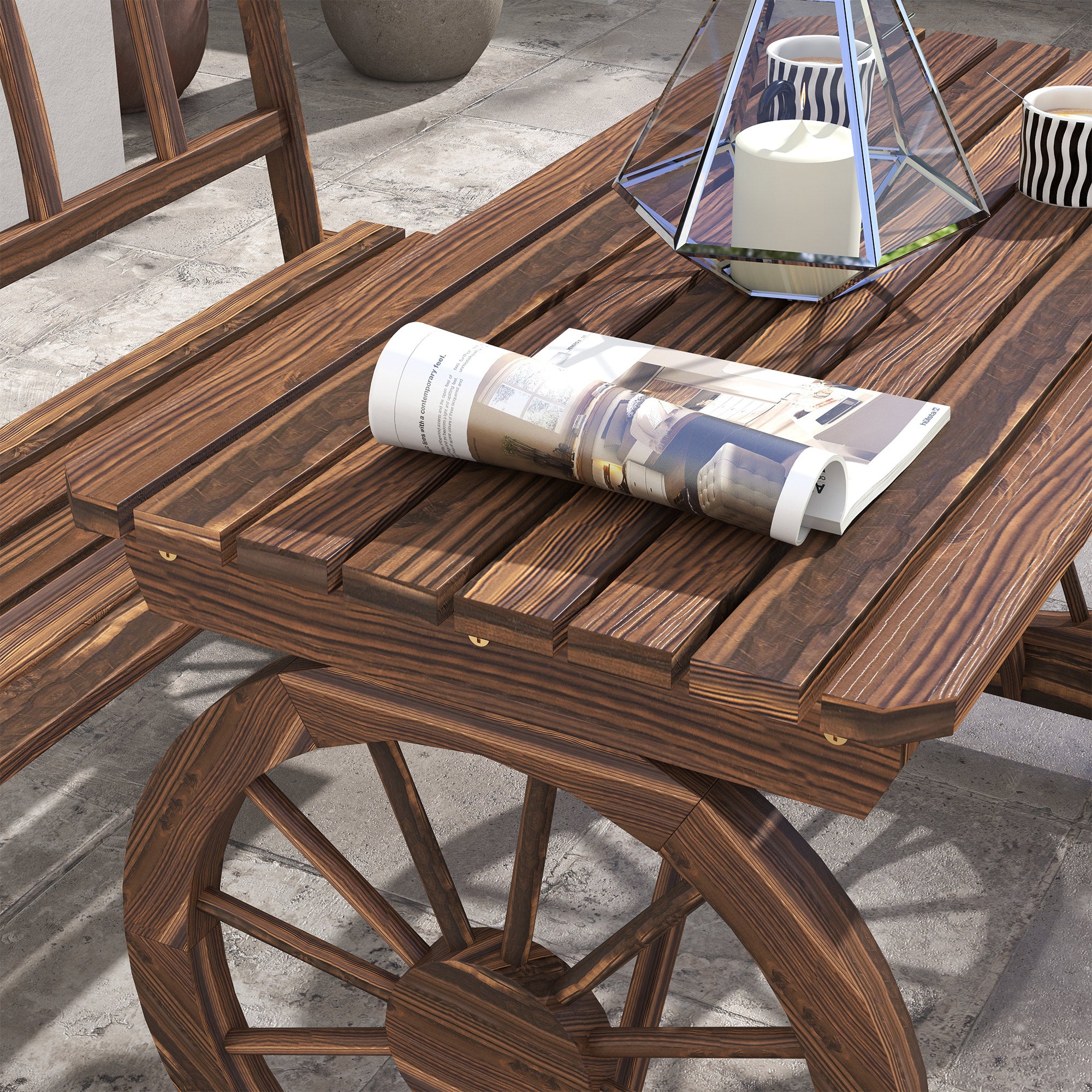 Outsunny Outdoor Dining Set for 4 People, Wooden 3-Piece Carriage Wheels Design Outdoor Table and Chairs Rustic Style for Porch, Backyard, Balcony, Poolside, Carbonized