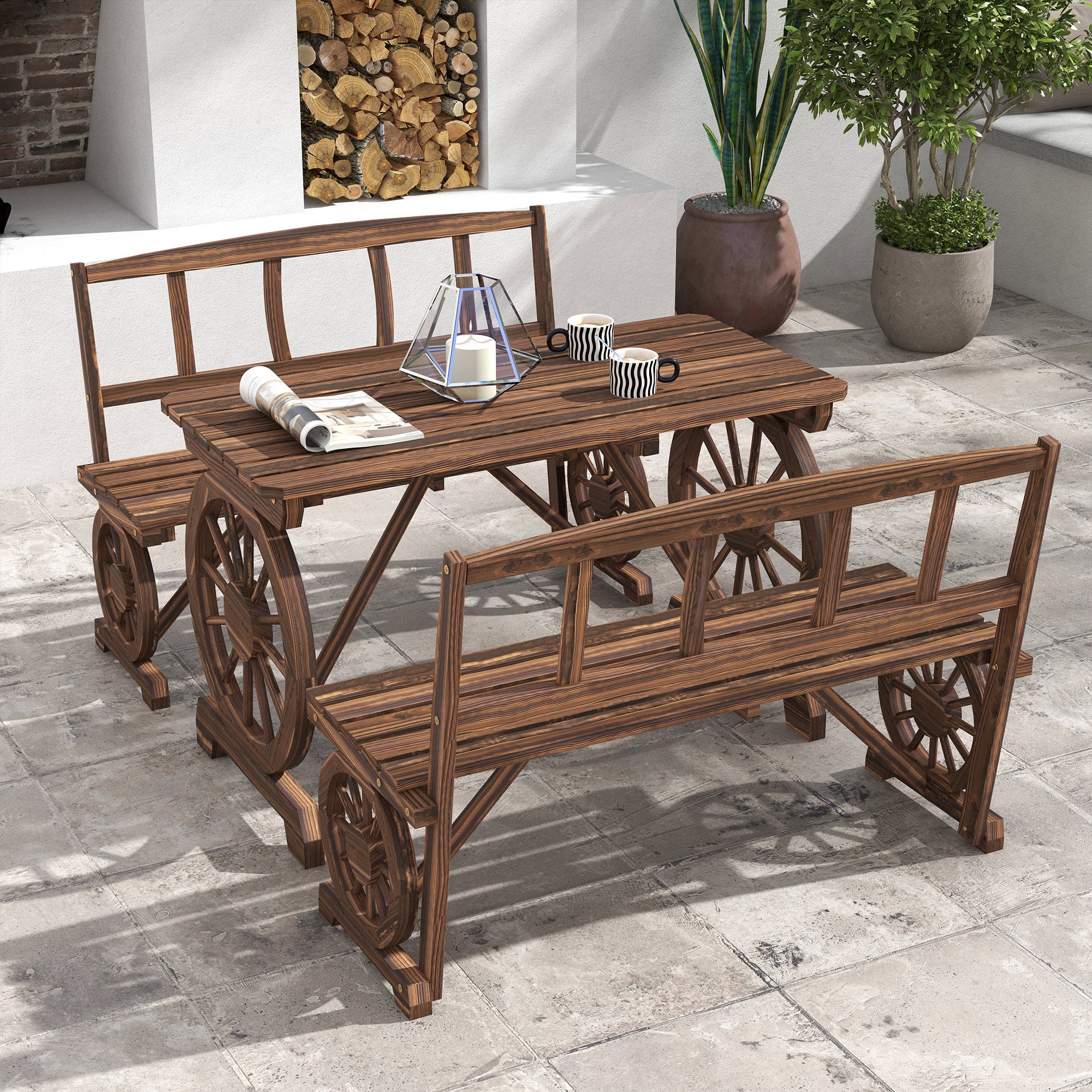 Outsunny Outdoor Dining Set for 4 People, Wooden 3-Piece Carriage Wheels Design Outdoor Table and Chairs Rustic Style for Porch, Backyard, Balcony, Poolside, Carbonized
