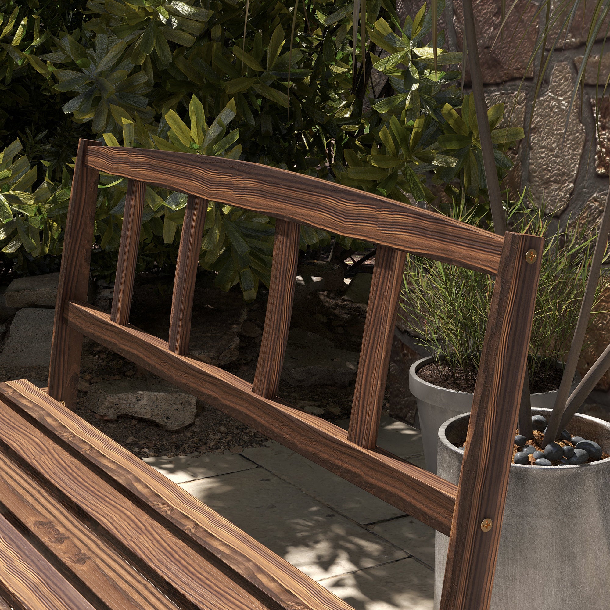 Outsunny Outdoor Dining Set for 4 People, Wooden 3-Piece Carriage Wheels Design Outdoor Table and Chairs Rustic Style for Porch, Backyard, Balcony, Poolside, Carbonized