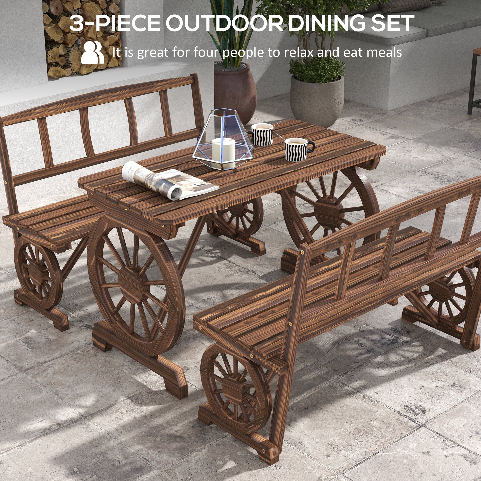 Outsunny Outdoor Dining Set for 4 People, Wooden 3-Piece Carriage Wheels Design Outdoor Table and Chairs Rustic Style for Porch, Backyard, Balcony, Poolside, Carbonized