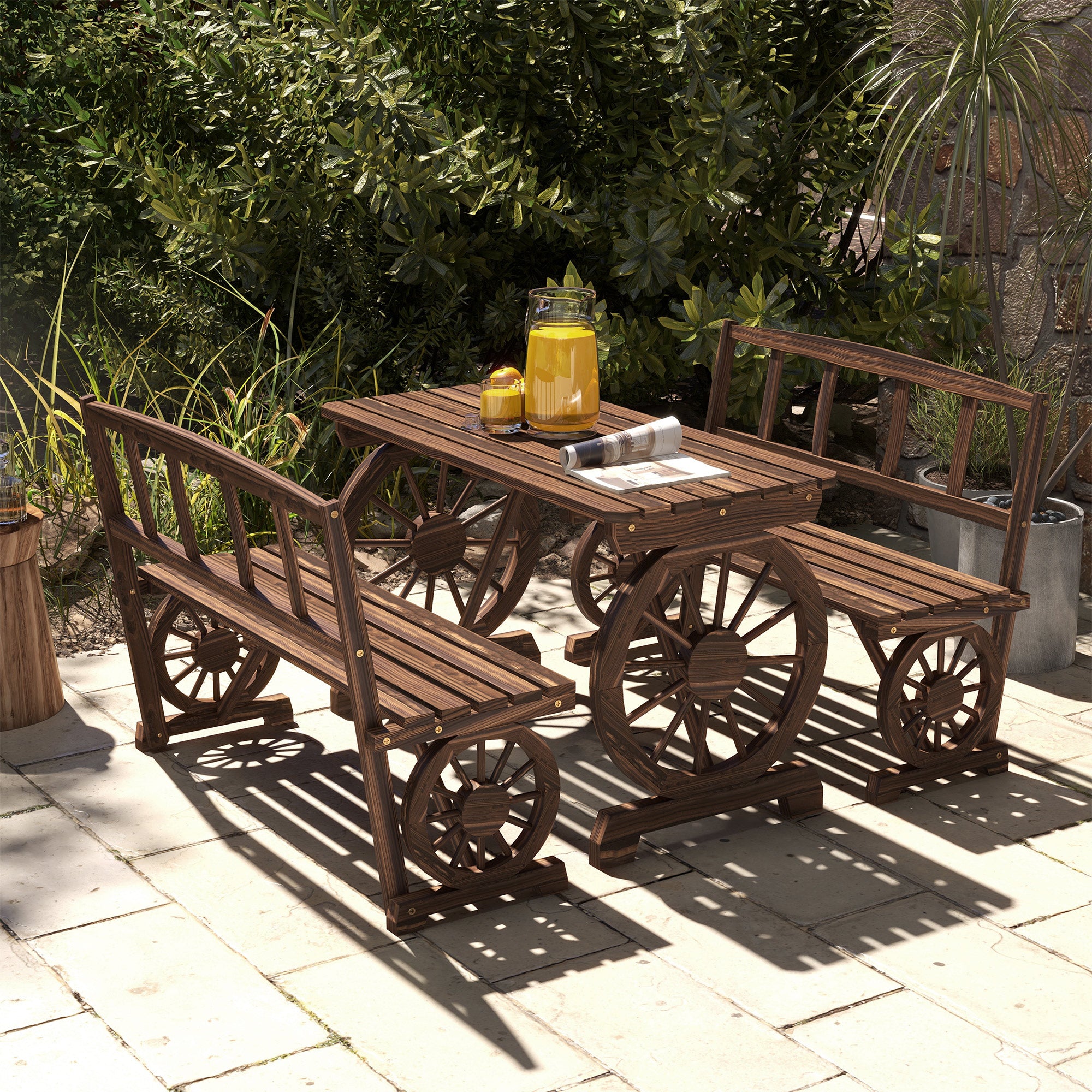 Outsunny Outdoor Dining Set for 4 People, Wooden 3-Piece Carriage Wheels Design Outdoor Table and Chairs Rustic Style for Porch, Backyard, Balcony, Poolside, Carbonized