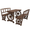 Outsunny Outdoor Dining Set for 4 People, Wooden 3-Piece Carriage Wheels Design Outdoor Table and Chairs Rustic Style for Porch, Backyard, Balcony, Poolside, Carbonized