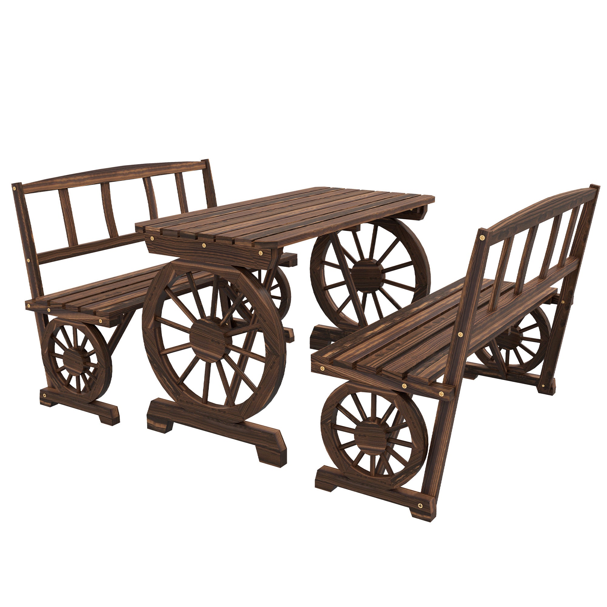 Outsunny Outdoor Dining Set for 4 People, Wooden 3-Piece Carriage Wheels Design Outdoor Table and Chairs Rustic Style for Porch, Backyard, Balcony, Poolside, Carbonized