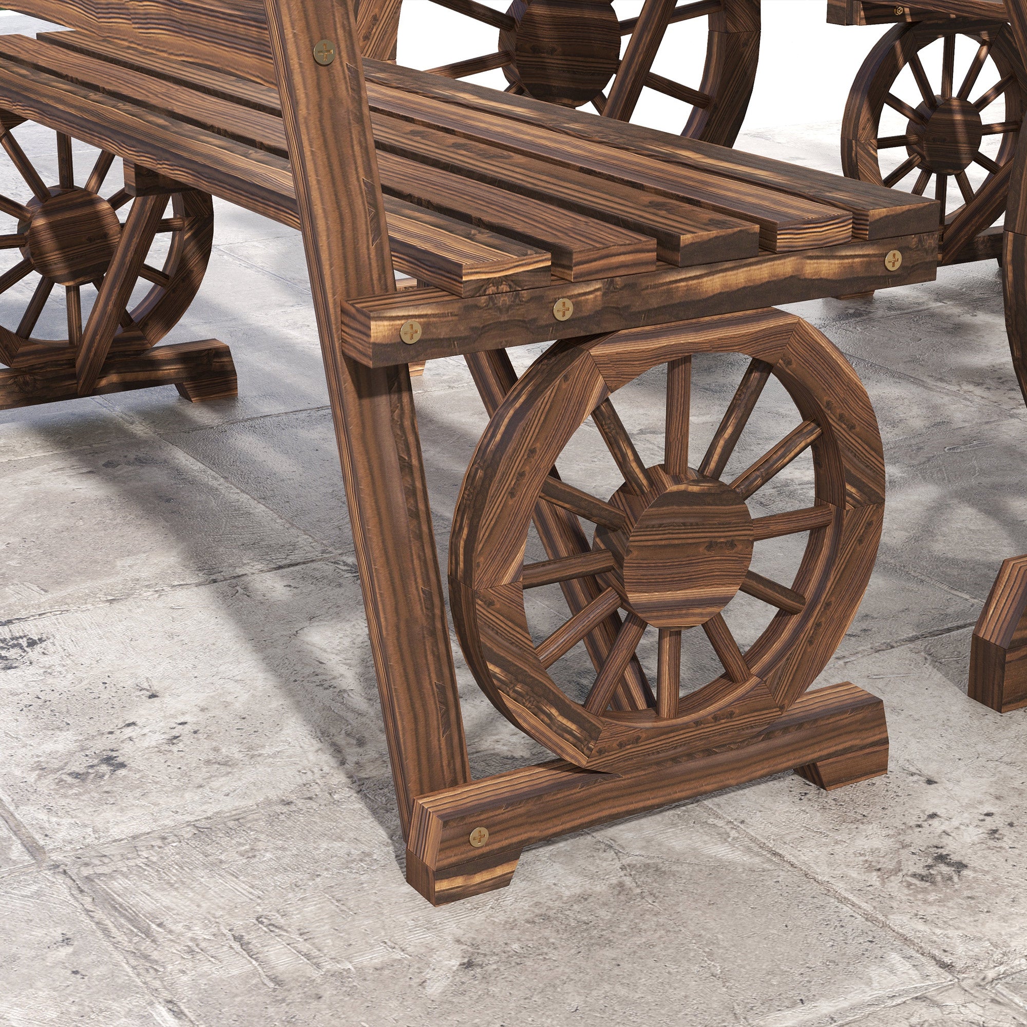 Outsunny Outdoor Dining Set for 4 People, Wooden 3-Piece Carriage Wheels Design Outdoor Table and Chairs Rustic Style for Porch, Backyard, Balcony, Poolside, Carbonized