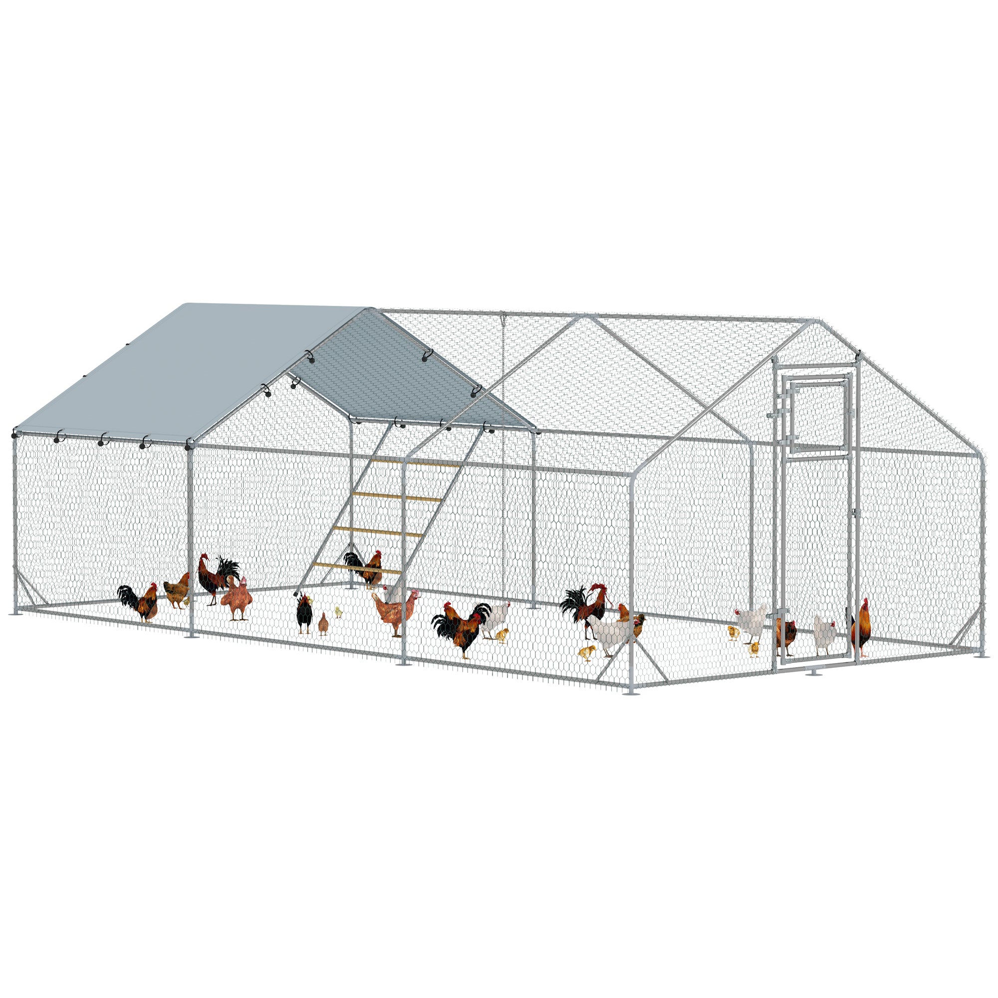 PawHut Chicken Run, Large Metal Chicken Coop with Waterproof & UV-Resistant Cover, Feeding Door, Hanging Feeder, Perch, Poultry Cage for Outdoor, Backyard, Farm, for 18-24 Chickens