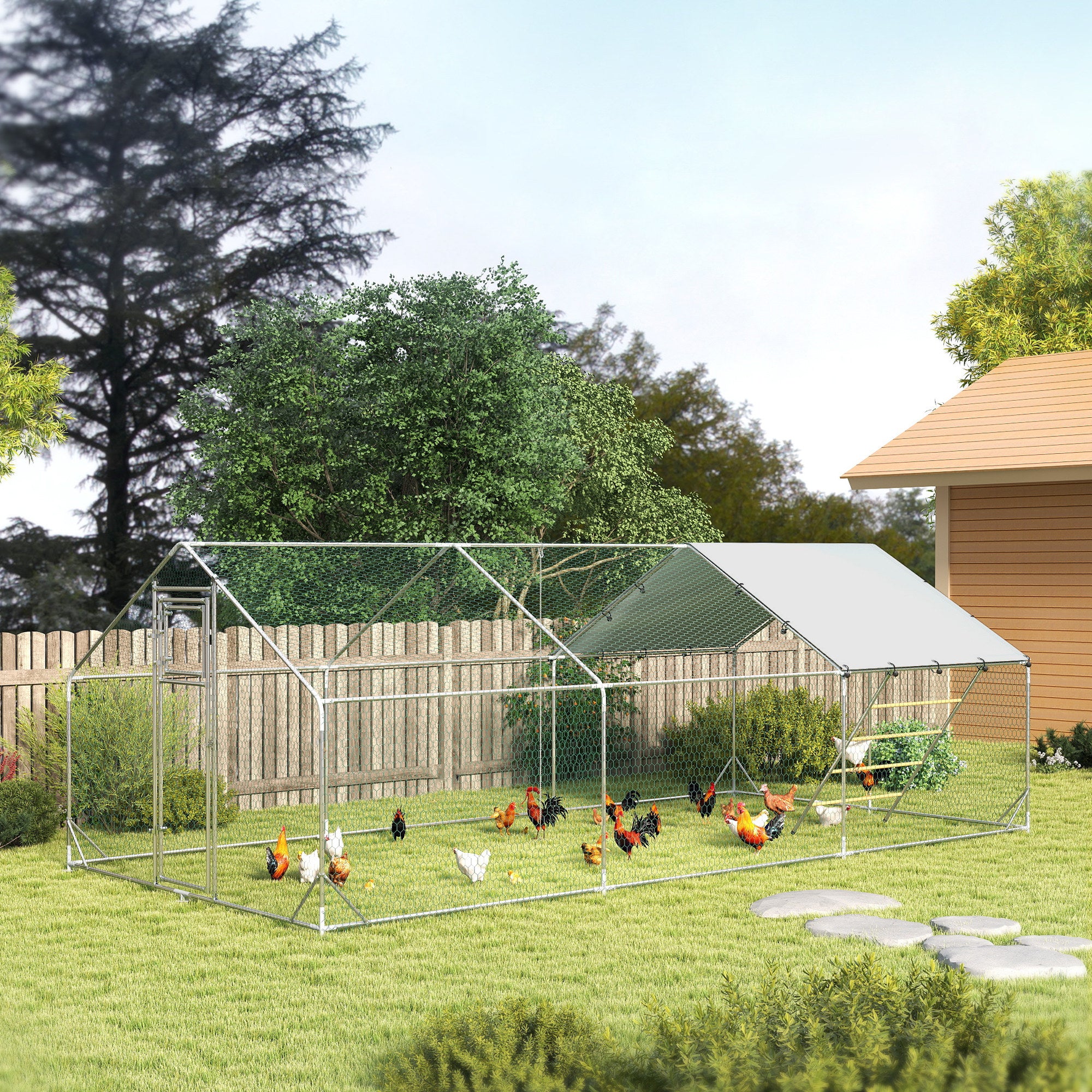 PawHut Chicken Run, Large Metal Chicken Coop with Waterproof & UV-Resistant Cover, Feeding Door, Hanging Feeder, Perch, Poultry Cage for Outdoor, Backyard, Farm, for 18-24 Chickens