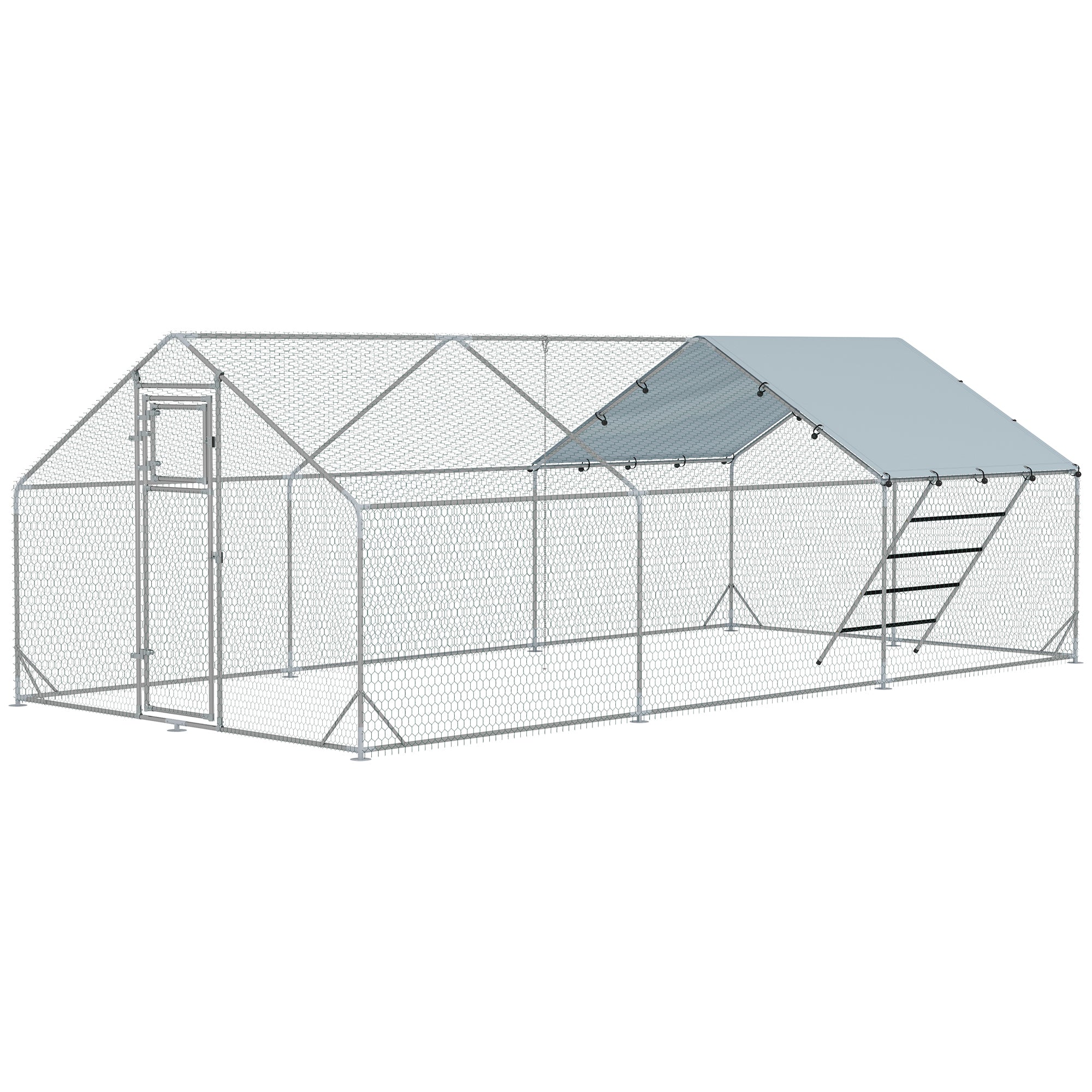 PawHut Chicken Run, Large Metal Chicken Coop with Waterproof & UV-Resistant Cover, Feeding Door, Hanging Feeder, Perch, Poultry Cage for Outdoor, Backyard, Farm, for 18-24 Chickens