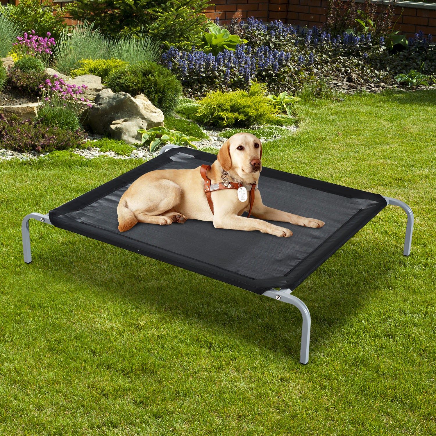PawHut Raised Dog Bed Cat Elevated Lifted Cooling Portable Camping with Metal Frame Black (Large)