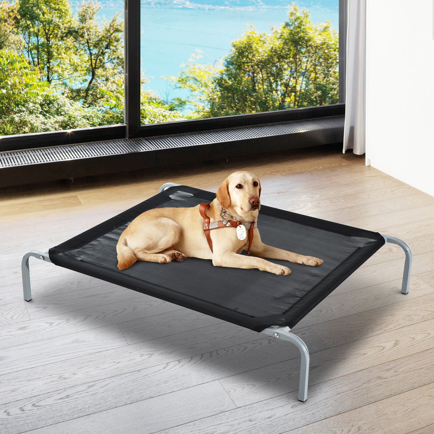 PawHut Raised Dog Bed Cat Elevated Lifted Cooling Portable Camping with Metal Frame Black (Large)