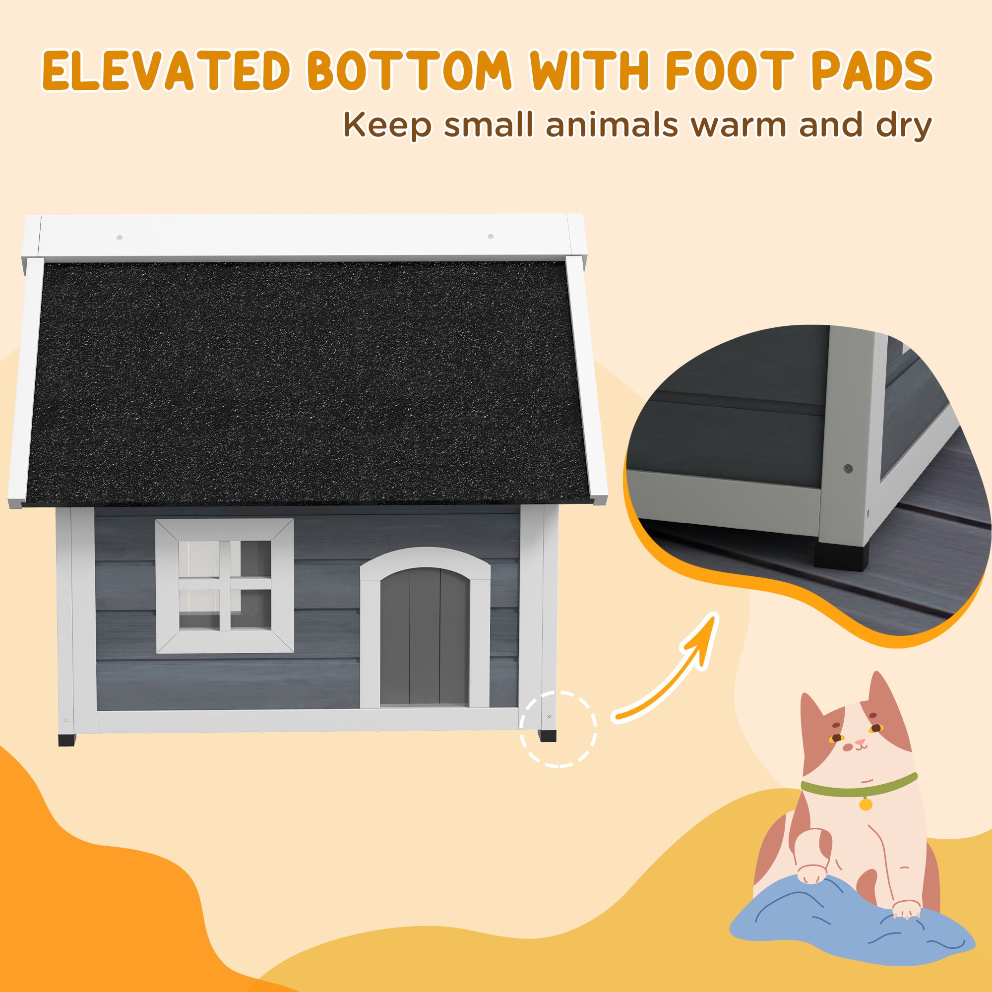 PawHut Outdoor Cat House, Wooden Feral Cat Shelter, Water-Resistant Hide Home with Openable Asphalt Roof, Three Doors, 77 x 57.5 x 68cm - Grey