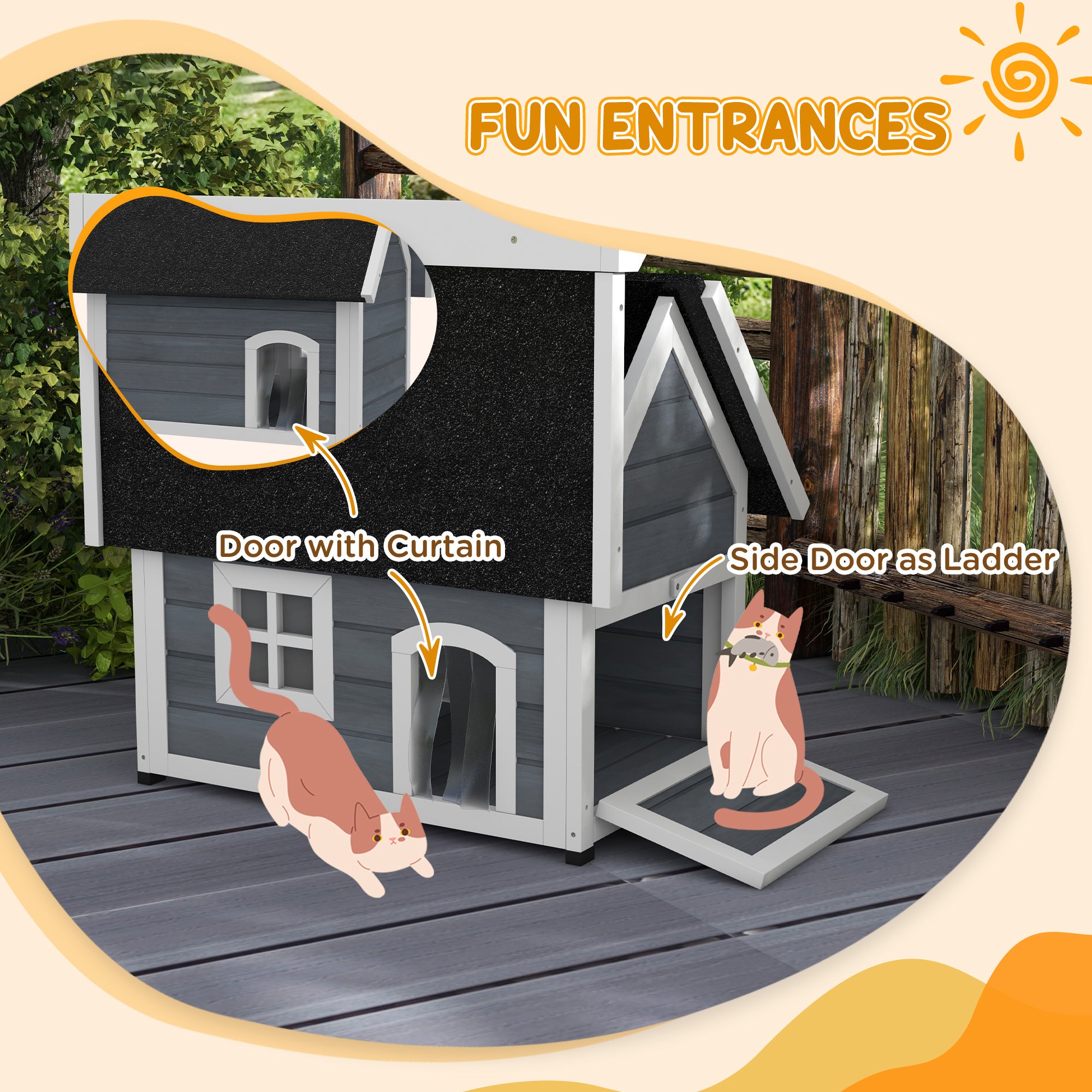 PawHut Outdoor Cat House, Wooden Feral Cat Shelter, Water-Resistant Hide Home with Openable Asphalt Roof, Three Doors, 77 x 57.5 x 68cm - Grey