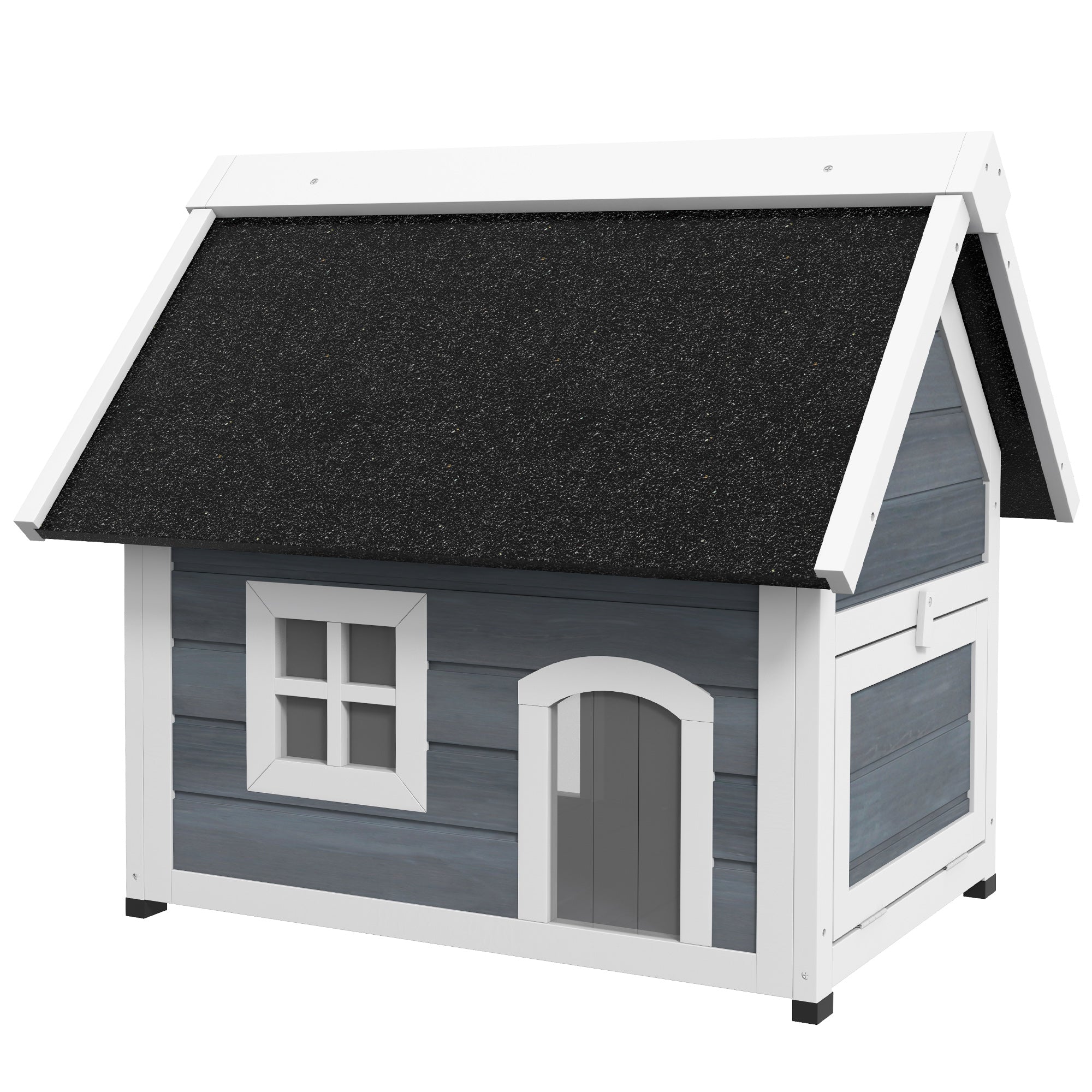 PawHut Outdoor Cat House, Wooden Feral Cat Shelter, Water-Resistant Hide Home with Openable Asphalt Roof, Three Doors, 77 x 57.5 x 68cm - Grey