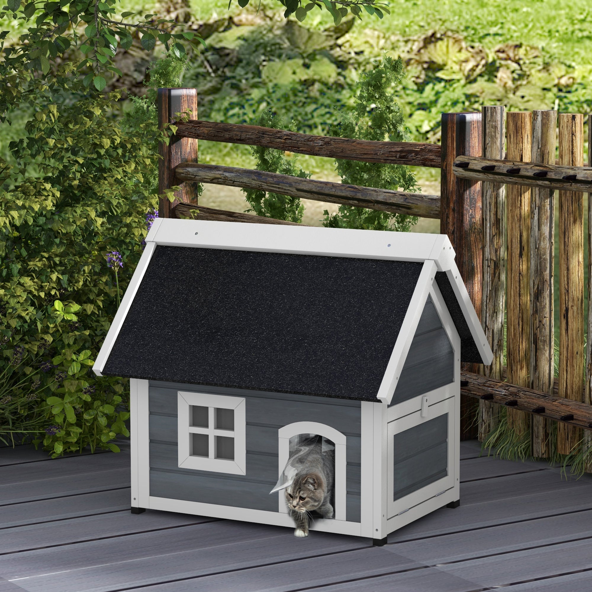 PawHut Outdoor Cat House, Wooden Feral Cat Shelter, Water-Resistant Hide Home with Openable Asphalt Roof, Three Doors, 77 x 57.5 x 68cm - Grey
