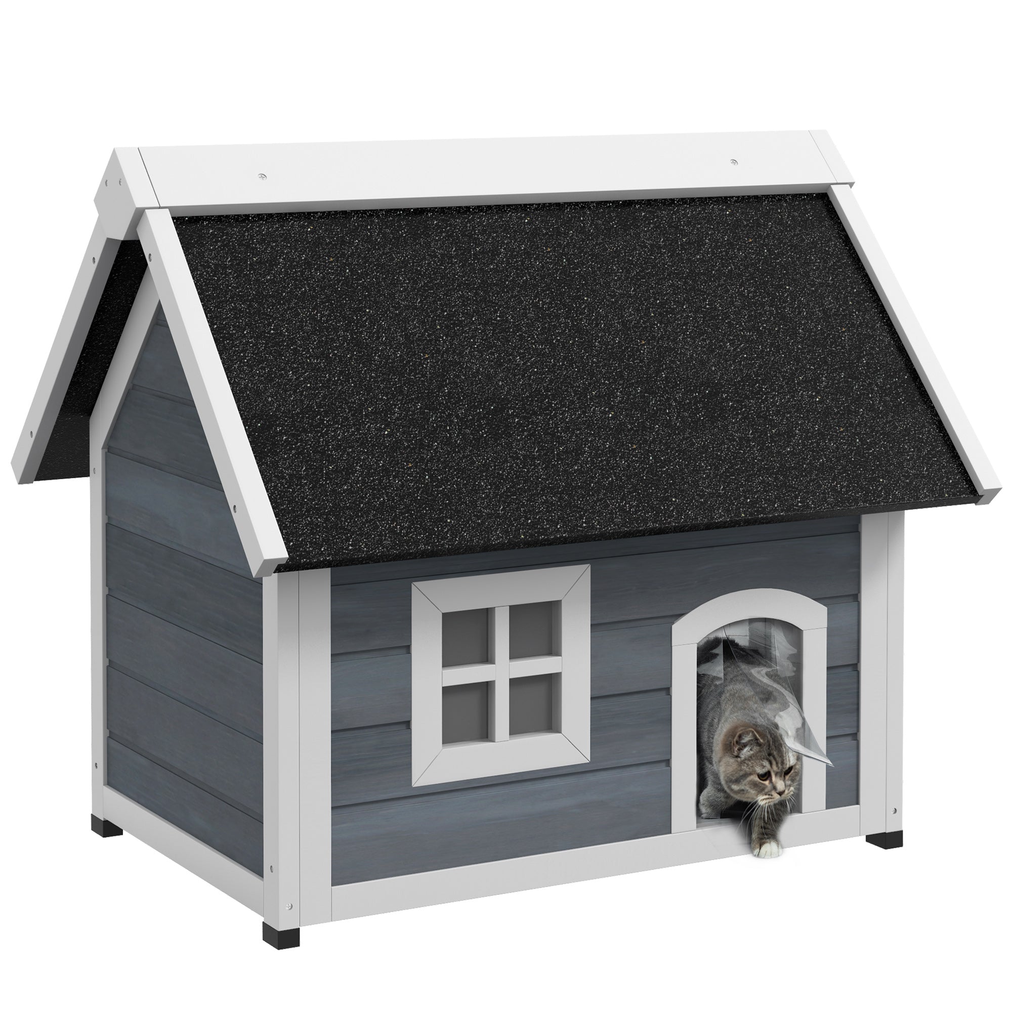 PawHut Outdoor Cat House, Wooden Feral Cat Shelter, Water-Resistant Hide Home with Openable Asphalt Roof, Three Doors, 77 x 57.5 x 68cm - Grey