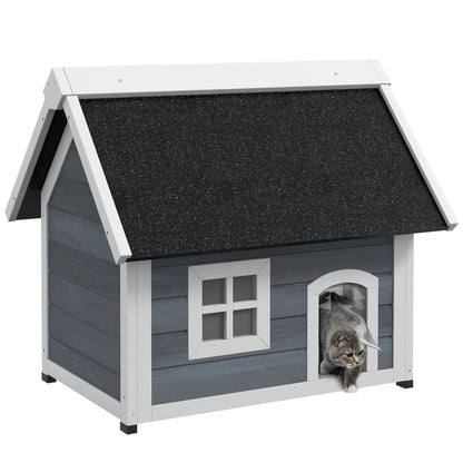 PawHut Outdoor Cat House, Wooden Feral Cat Shelter, Water-Resistant Hide Home with Openable Asphalt Roof, Three Doors, 77 x 57.5 x 68cm - Grey