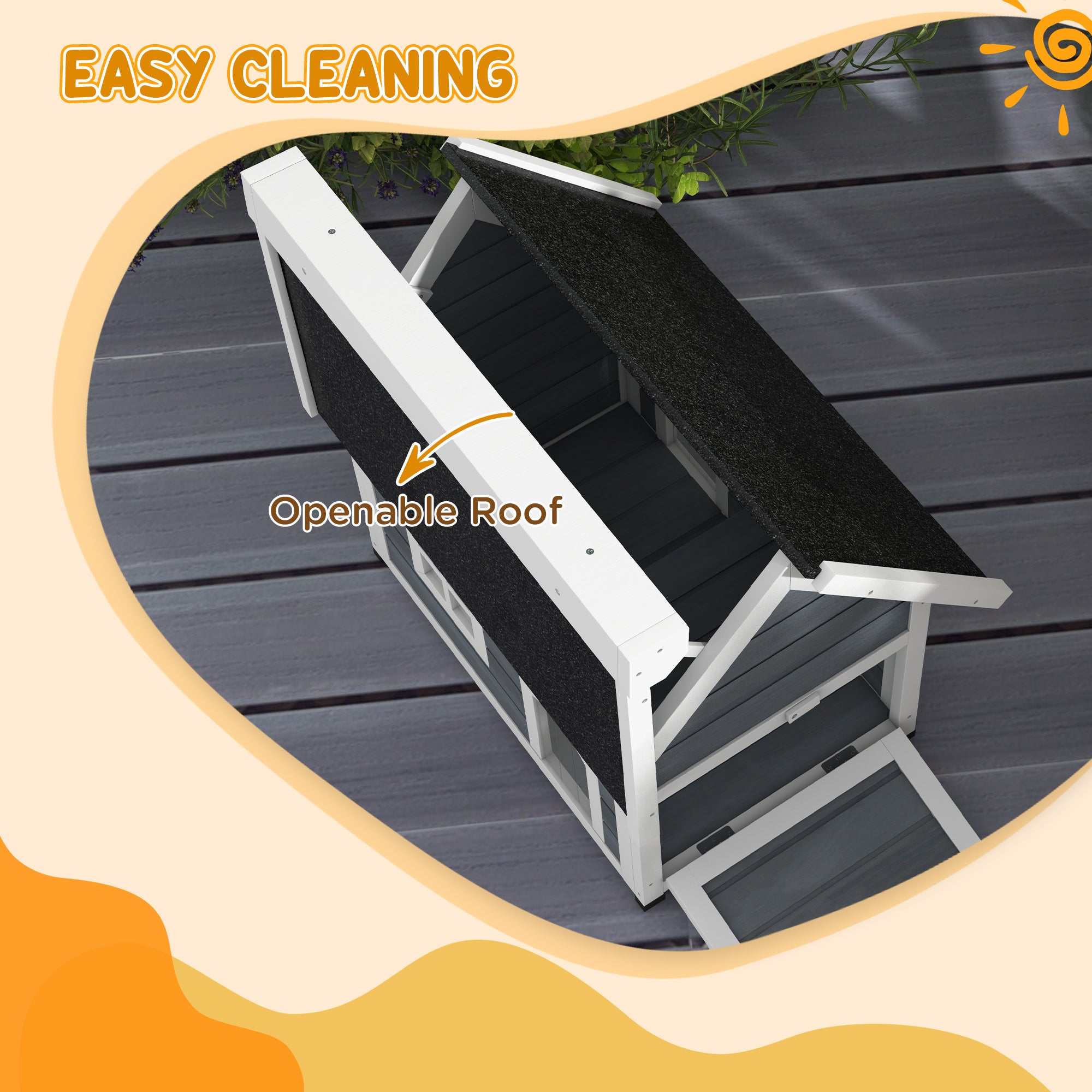 PawHut Outdoor Cat House, Wooden Feral Cat Shelter, Water-Resistant Hide Home with Openable Asphalt Roof, Three Doors, 77 x 57.5 x 68cm - Grey