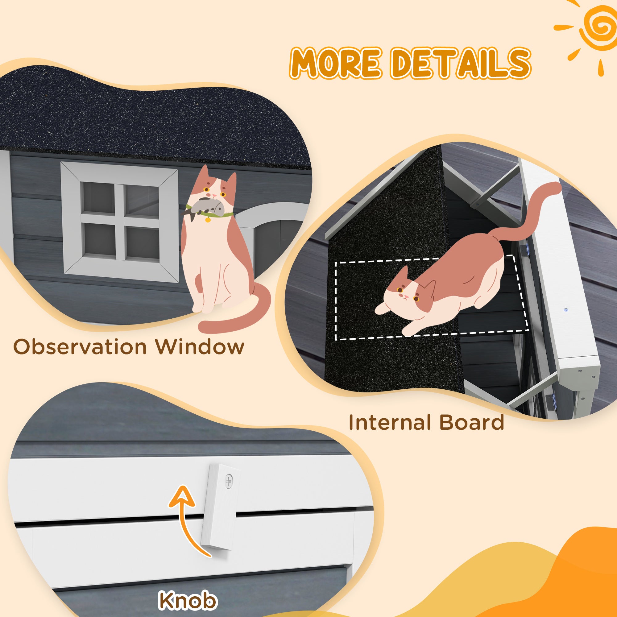 PawHut Outdoor Cat House, Wooden Feral Cat Shelter, Water-Resistant Hide Home with Openable Asphalt Roof, Three Doors, 77 x 57.5 x 68cm - Grey
