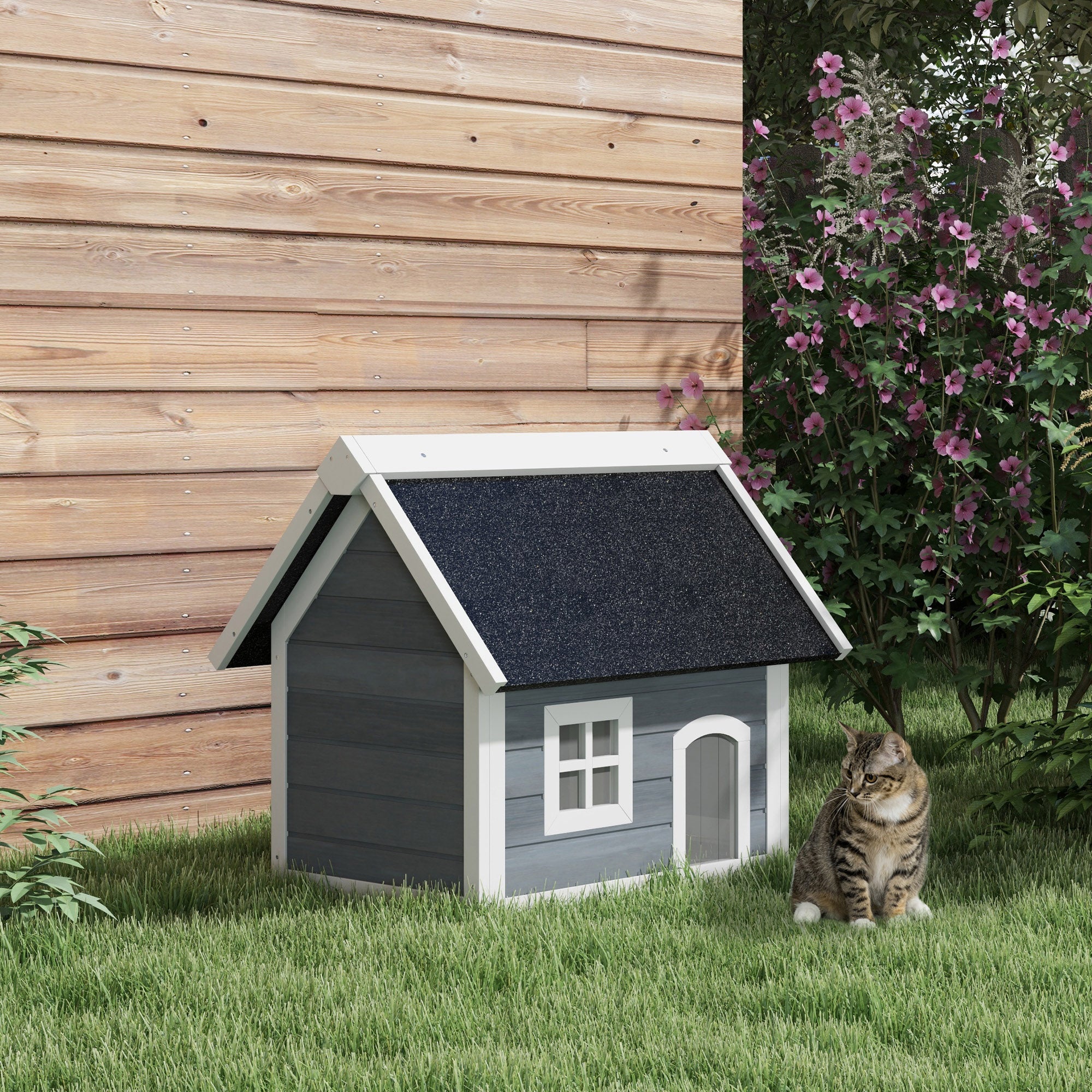 PawHut Outdoor Cat House, Wooden Feral Cat Shelter, Water-Resistant Hide Home with Openable Asphalt Roof, Three Doors, 77 x 57.5 x 68cm - Grey