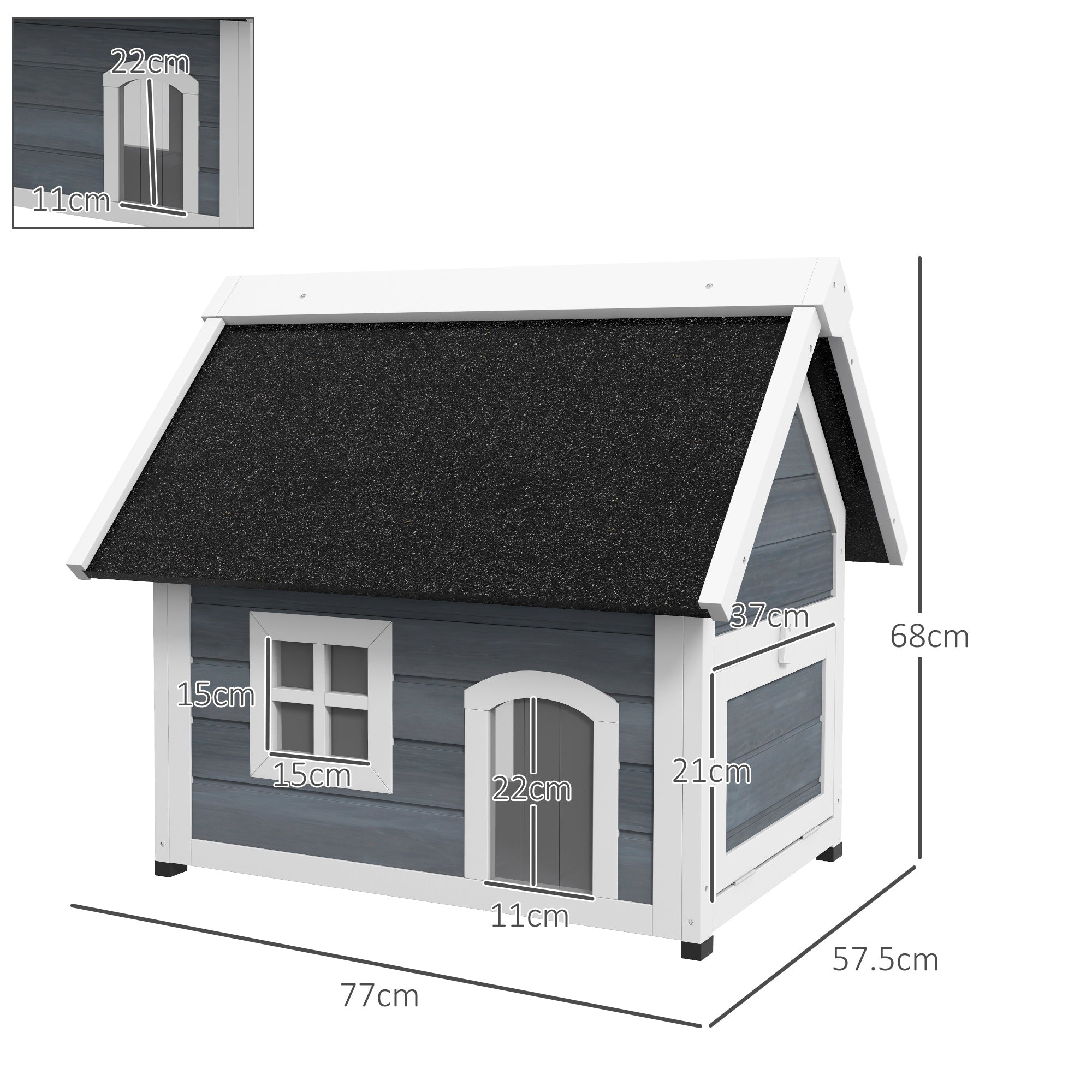PawHut Outdoor Cat House, Wooden Feral Cat Shelter, Water-Resistant Hide Home with Openable Asphalt Roof, Three Doors, 77 x 57.5 x 68cm - Grey