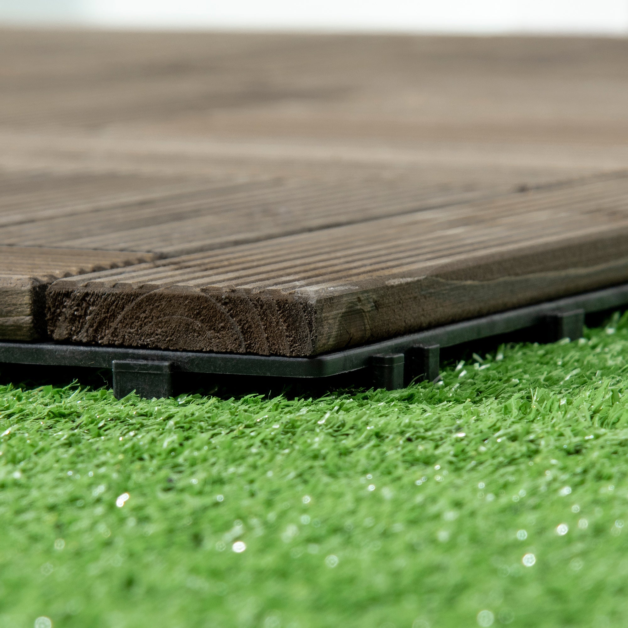 Outsunny 27 Pcs Wooden Interlocking Deck Tiles, 12" x 12" Non-slip Outdoor Flooring Tiles, 27 sq.ft. per Pack, All Weather for Indoor Outdoor Patio Balcony, Charcoal Grey