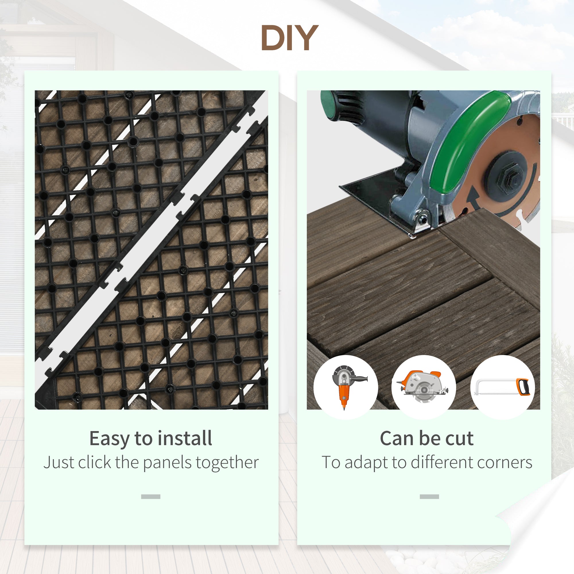 Outsunny 27 Pcs Wooden Interlocking Deck Tiles, 12" x 12" Non-slip Outdoor Flooring Tiles, 27 sq.ft. per Pack, All Weather for Indoor Outdoor Patio Balcony, Charcoal Grey