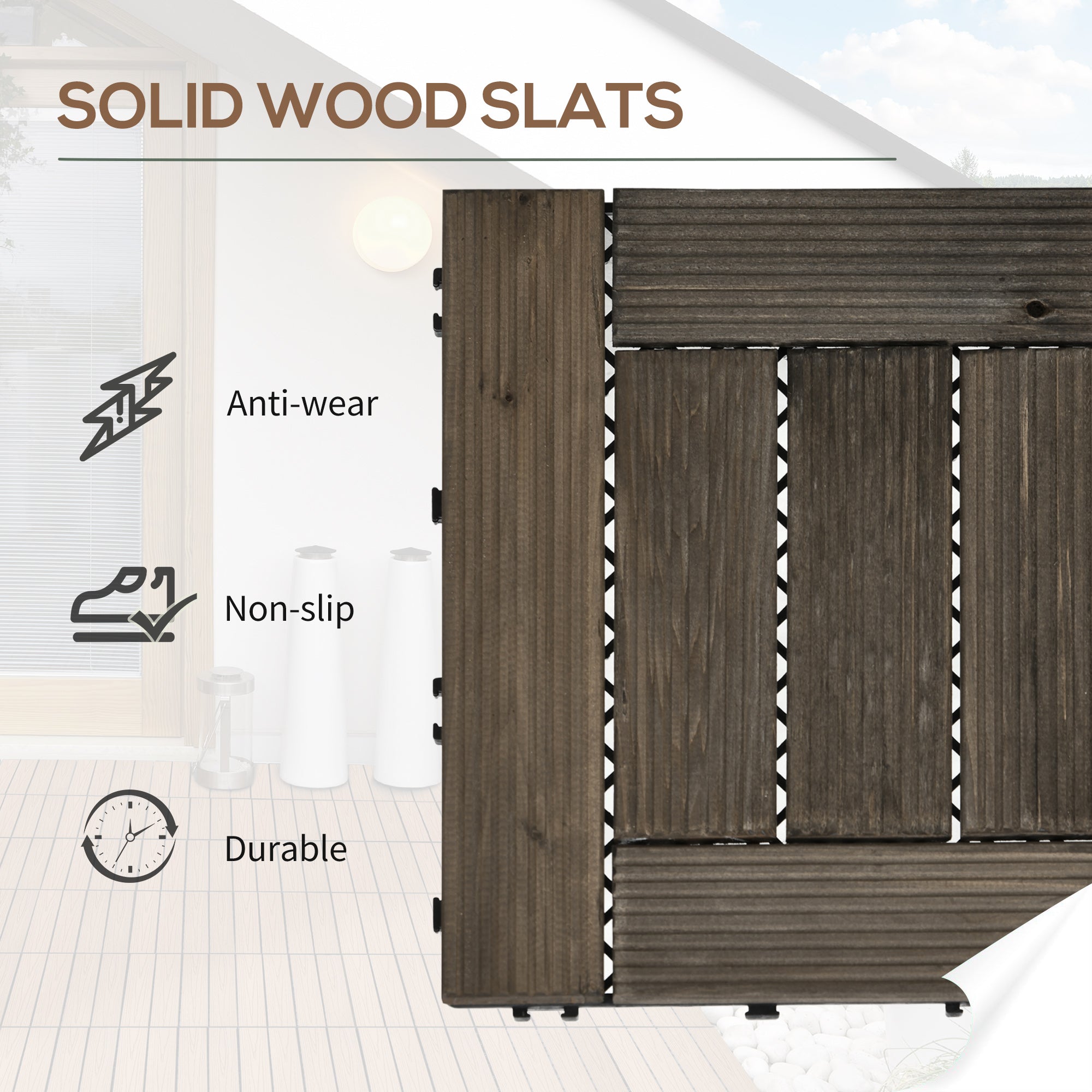 Outsunny 27 Pcs Wooden Interlocking Deck Tiles, 12" x 12" Non-slip Outdoor Flooring Tiles, 27 sq.ft. per Pack, All Weather for Indoor Outdoor Patio Balcony, Charcoal Grey