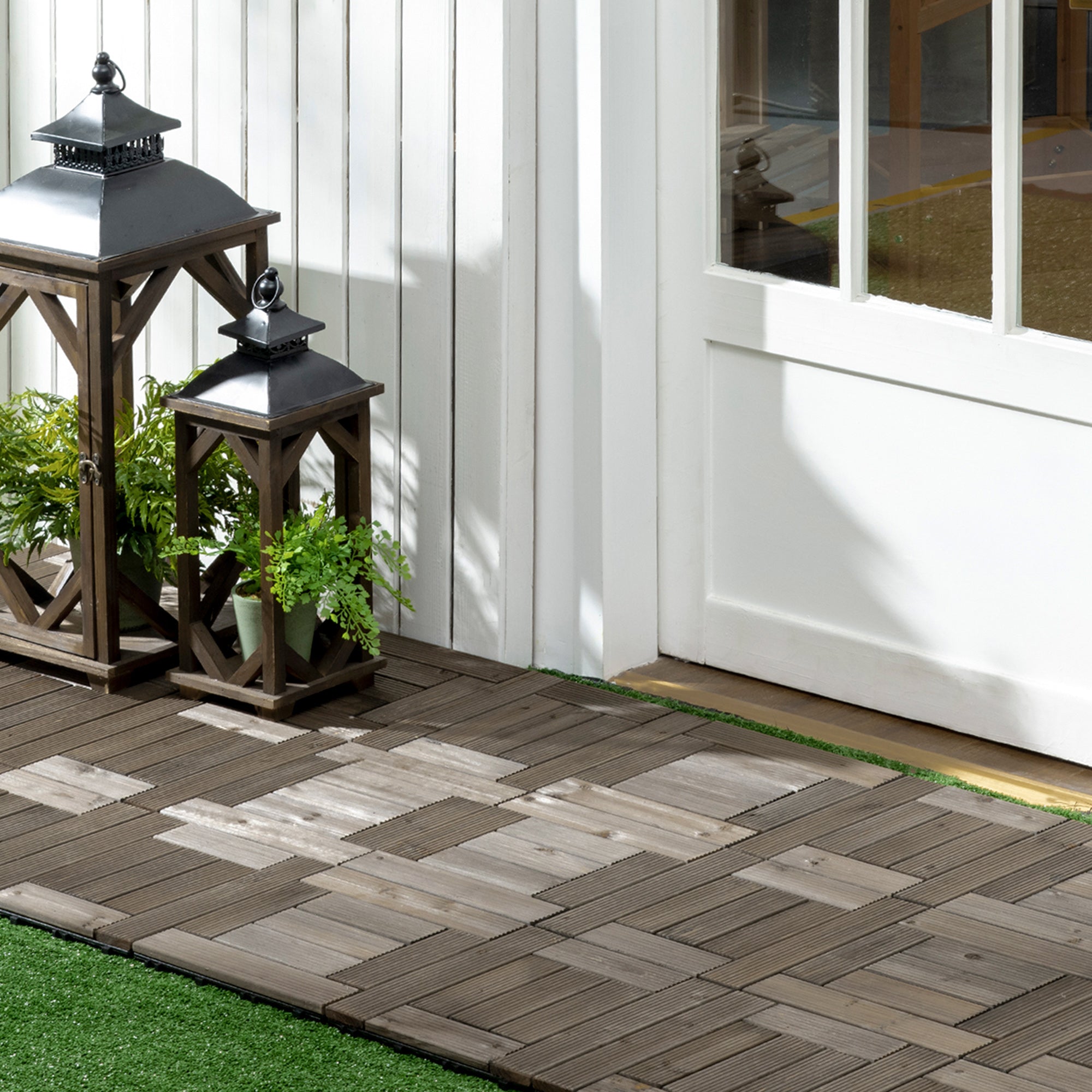 Outsunny 27 Pcs Wooden Interlocking Deck Tiles, 12" x 12" Non-slip Outdoor Flooring Tiles, 27 sq.ft. per Pack, All Weather for Indoor Outdoor Patio Balcony, Charcoal Grey