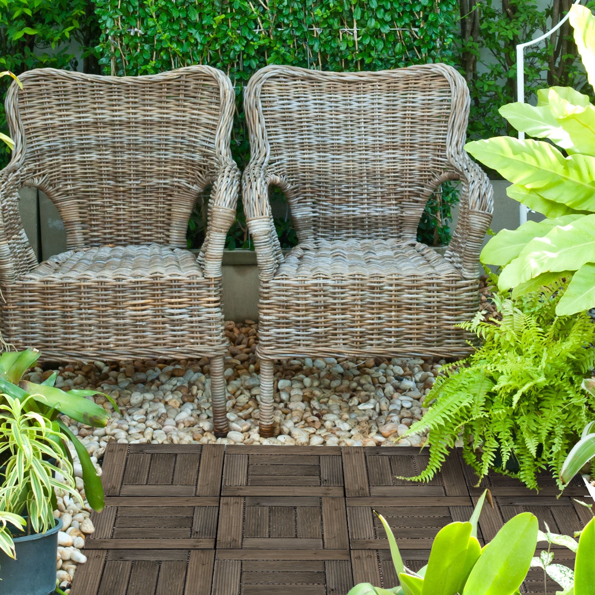 Outsunny 27 Pcs Wooden Interlocking Deck Tiles, 12" x 12" Non-slip Outdoor Flooring Tiles, 27 sq.ft. per Pack, All Weather for Indoor Outdoor Patio Balcony, Charcoal Grey