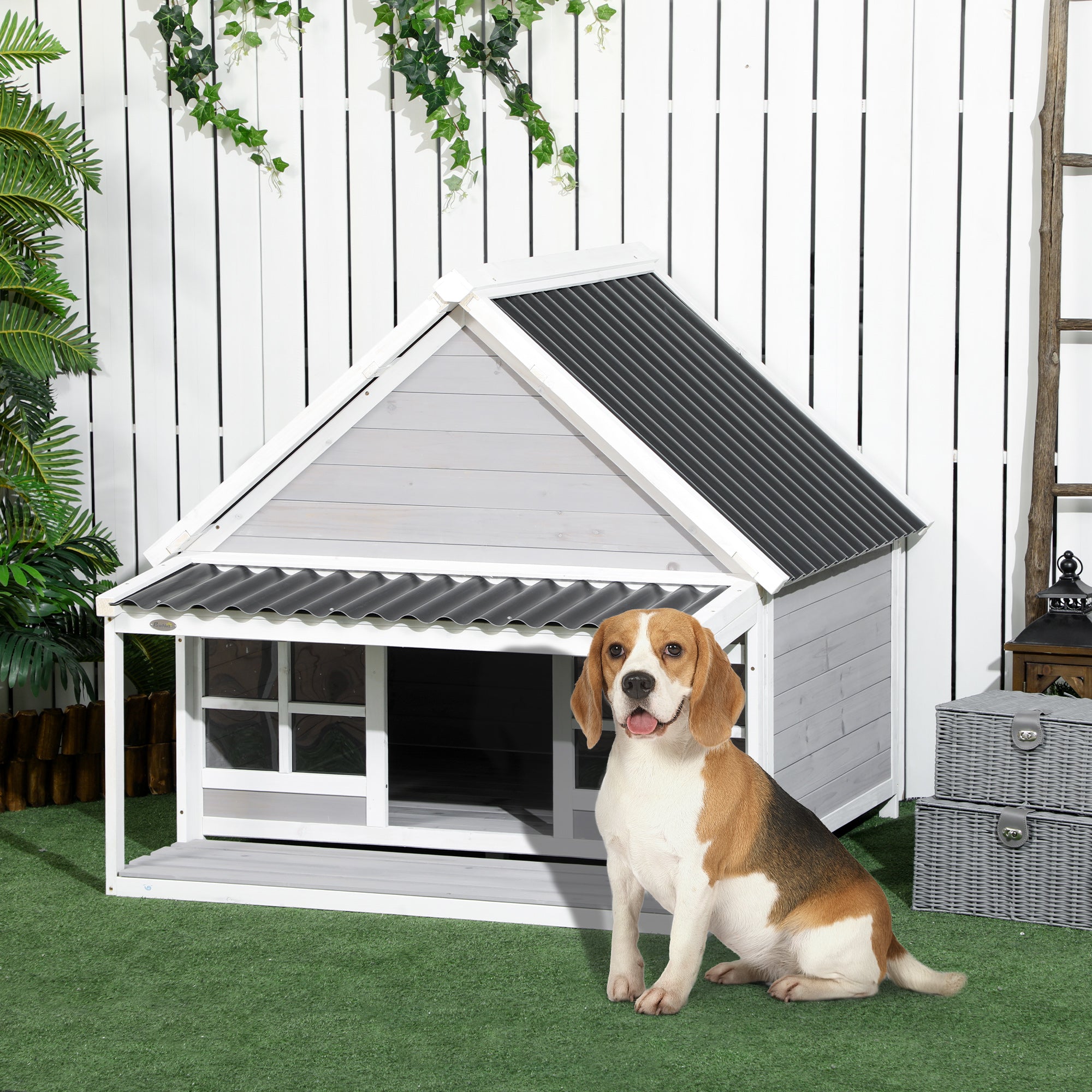 PawHut Wooden Dog House with Porch, Dog House Outdoor with Tilt Roof, Front Door, Windows for Medium Large Sized Dog