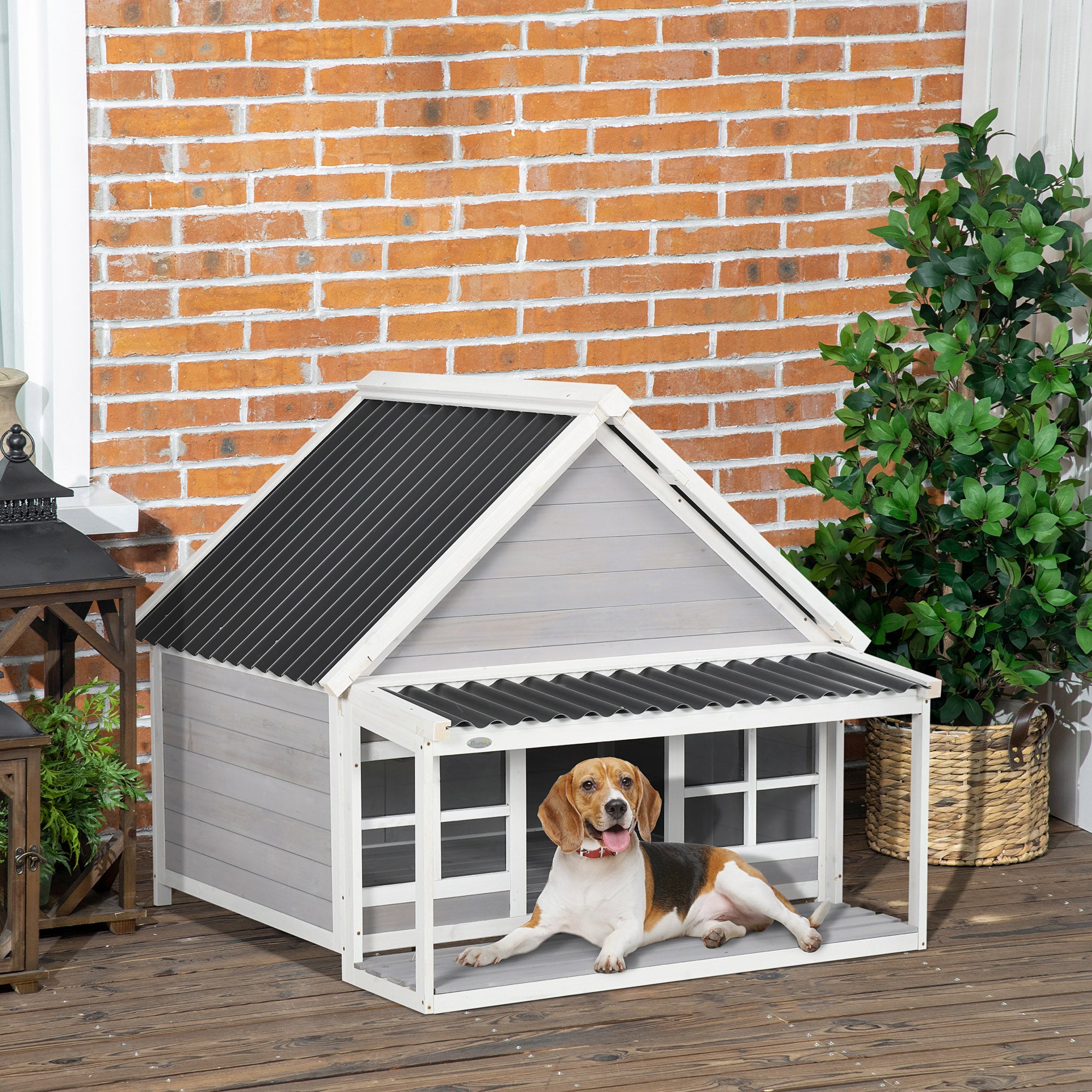 PawHut Wooden Dog House with Porch, Dog House Outdoor with Tilt Roof, Front Door, Windows for Medium Large Sized Dog