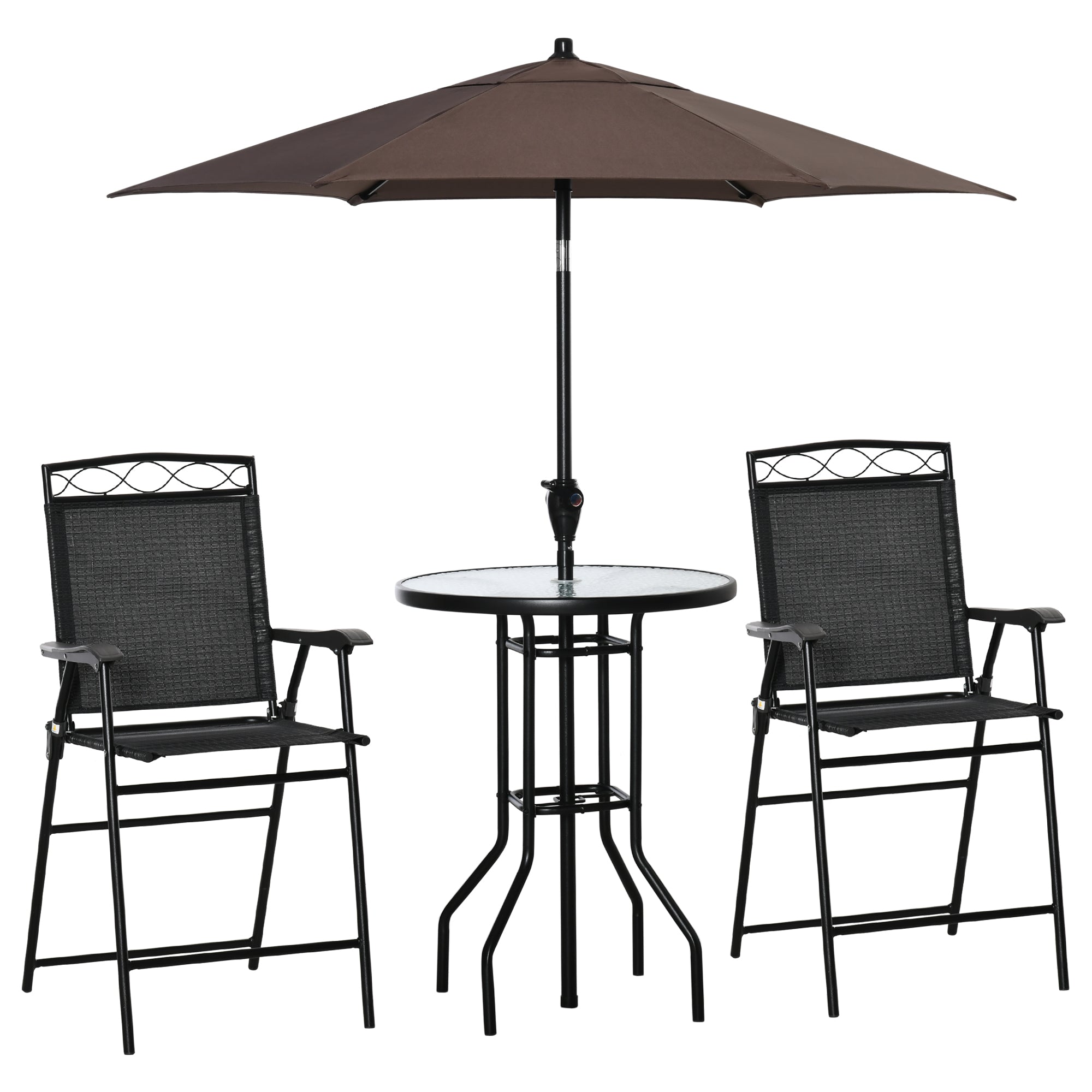 Outsunny 4 Piece Patio Bar Set, Sling Folding Outdoor Furniture with Brown Umbrella for Poolside, Backyard and Garden, Black