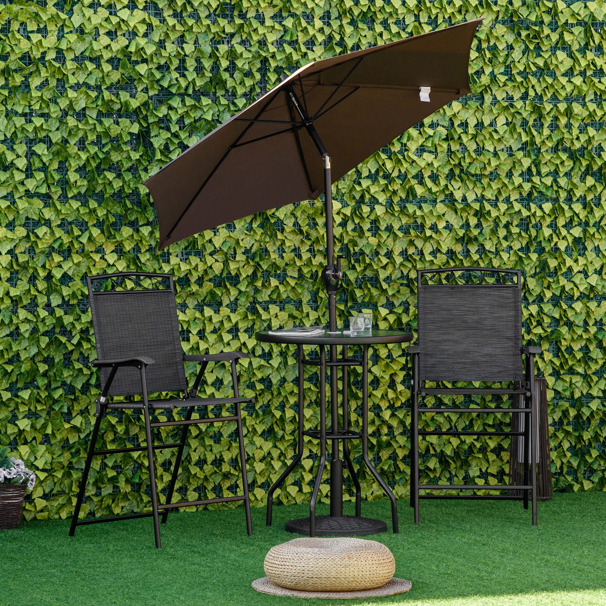 Outsunny 4 Piece Patio Bar Set, Sling Folding Outdoor Furniture with Brown Umbrella for Poolside, Backyard and Garden, Black